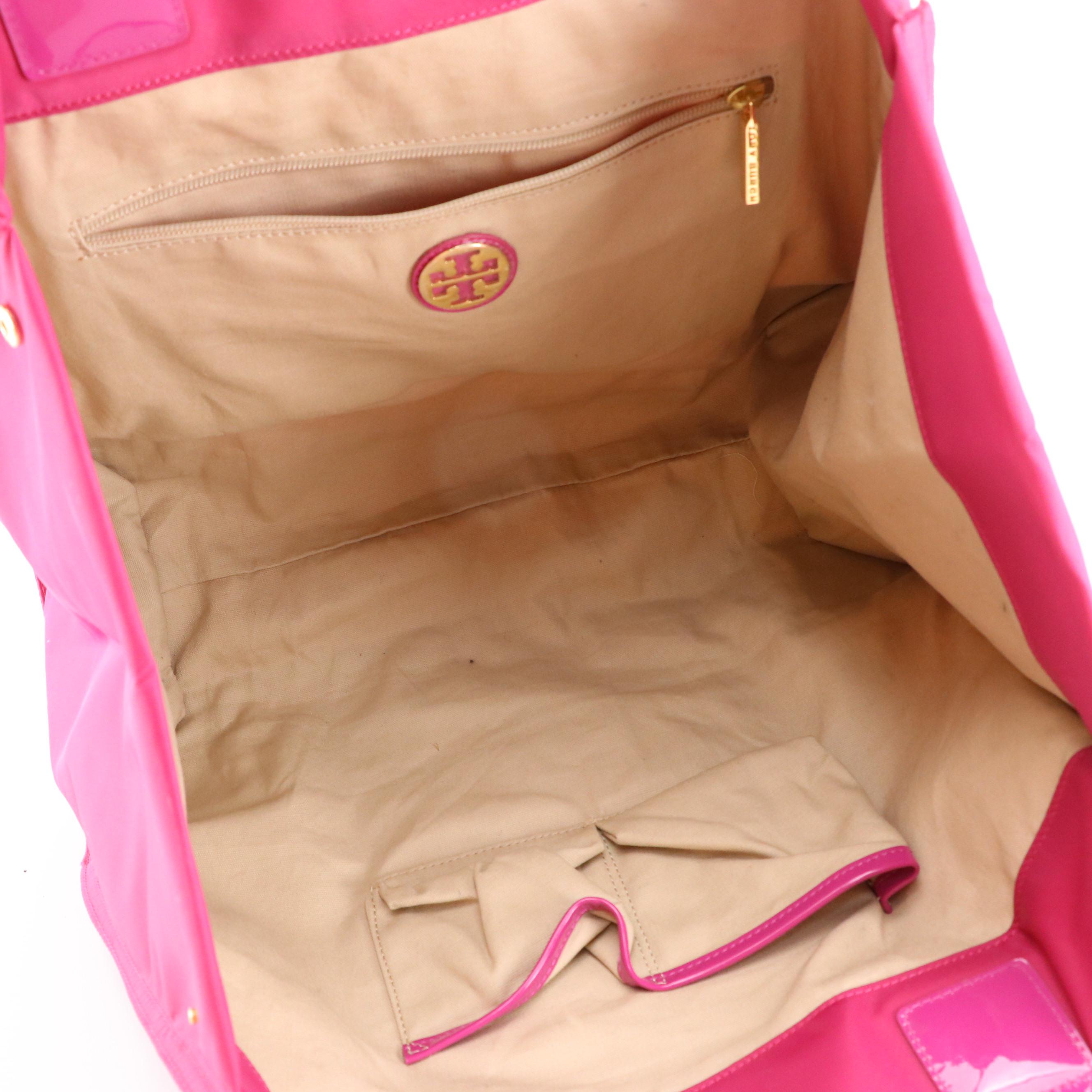 Tory Burch Ella Logo Tote in Magenta Nylon and Patent Leather