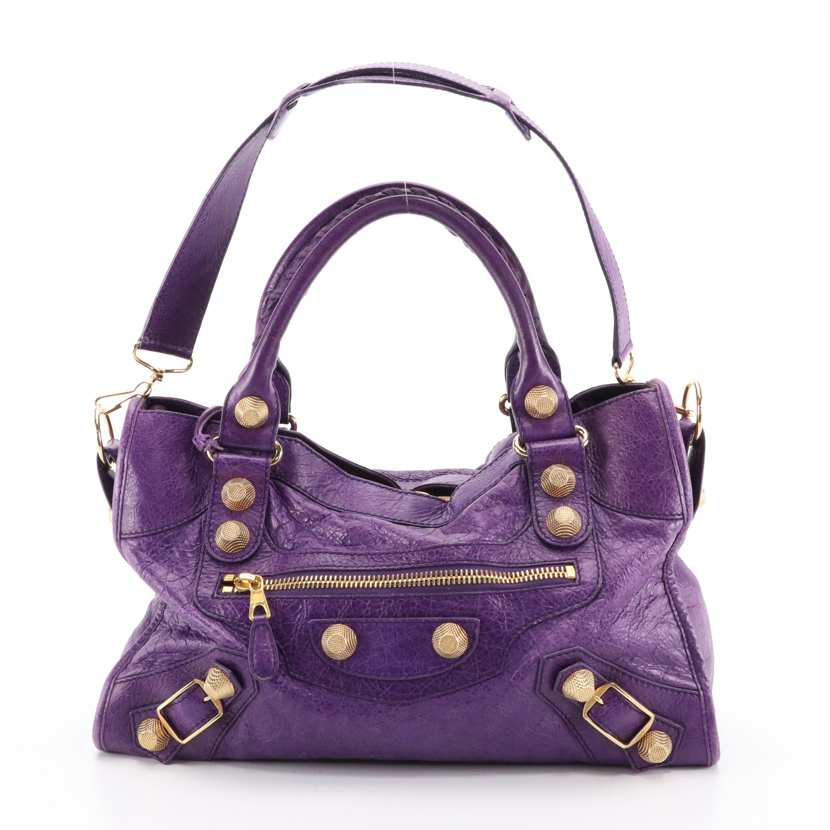 Balenciaga Giant Studs Medium City Bag in Purple Tumbled Lambskin Leather