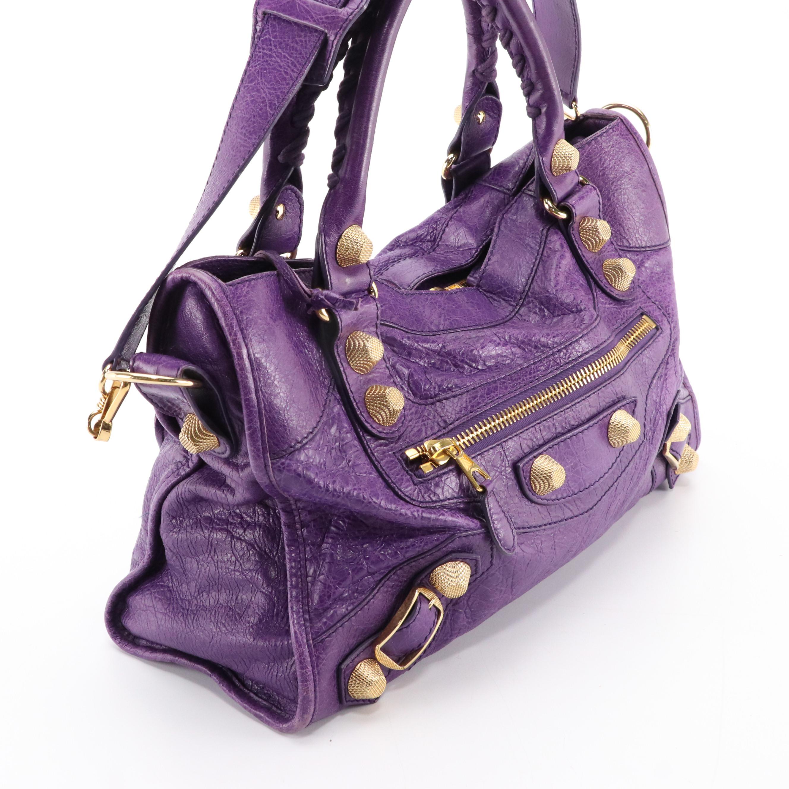 Balenciaga Giant Studs Medium City Bag in Purple Tumbled Lambskin Leather