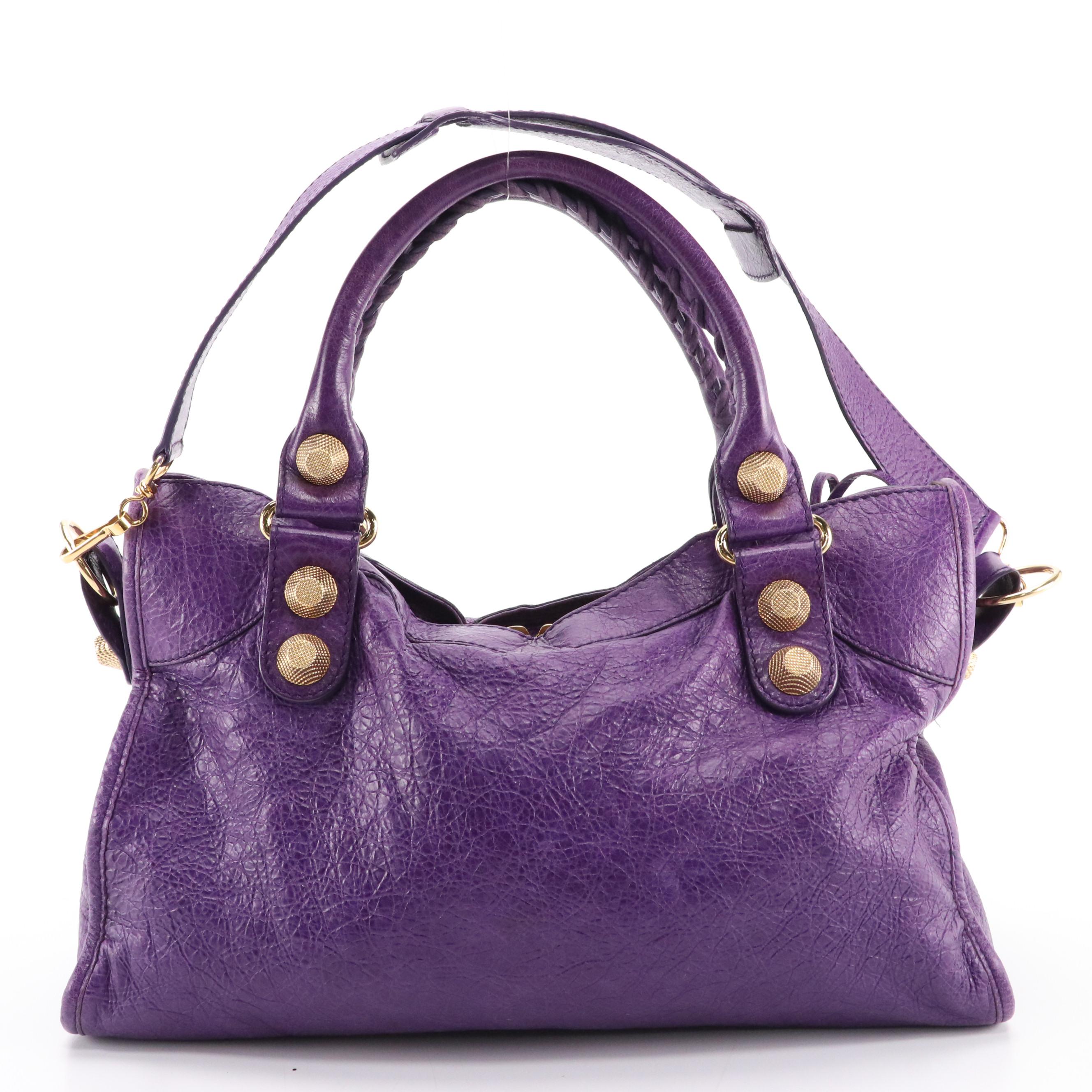 Balenciaga Giant Studs Medium City Bag in Purple Tumbled Lambskin Leather