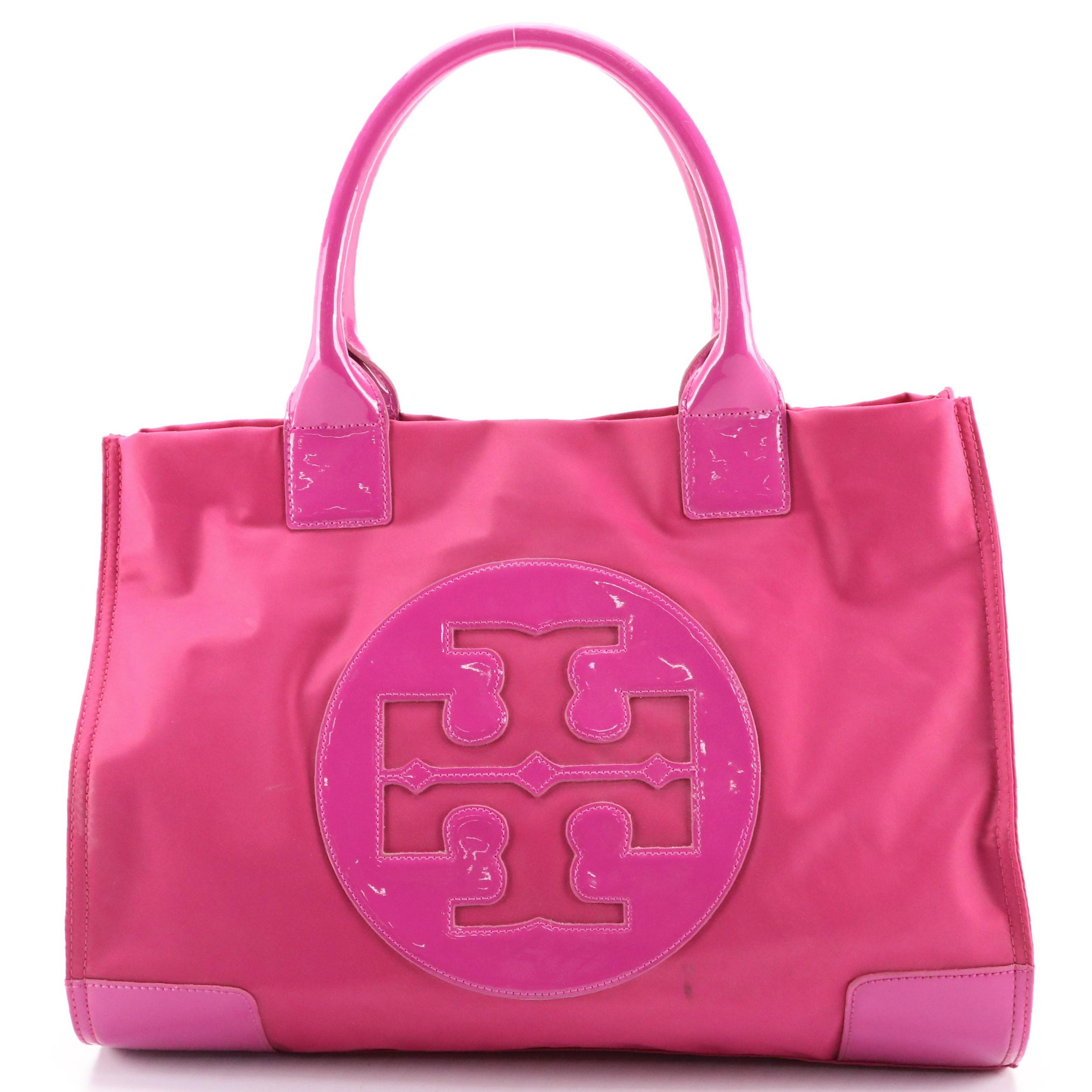 Tory Burch Ella Logo Tote in Magenta Nylon and Patent Leather
