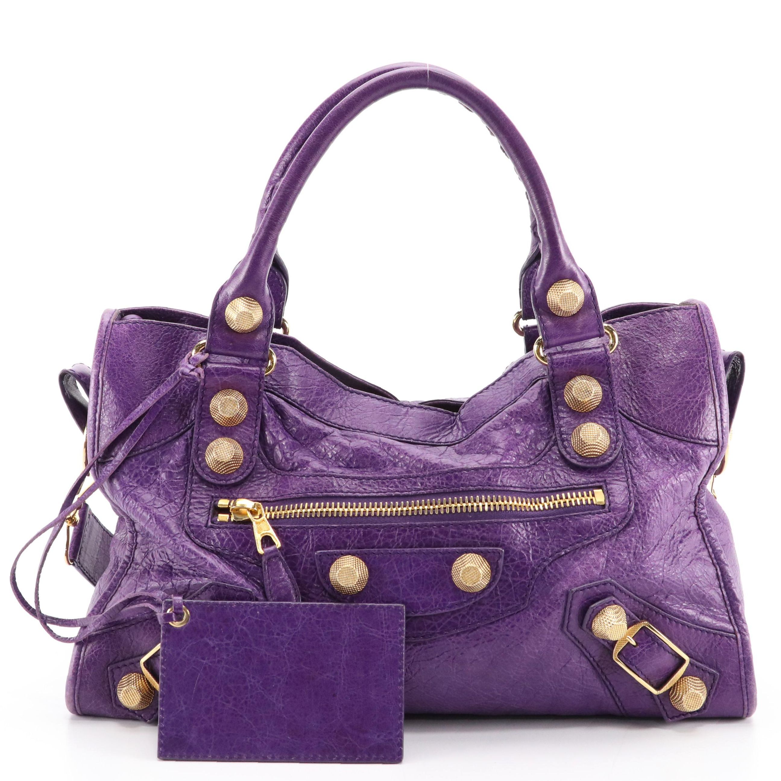 Balenciaga Giant Studs Medium City Bag in Purple Tumbled Lambskin Leather
