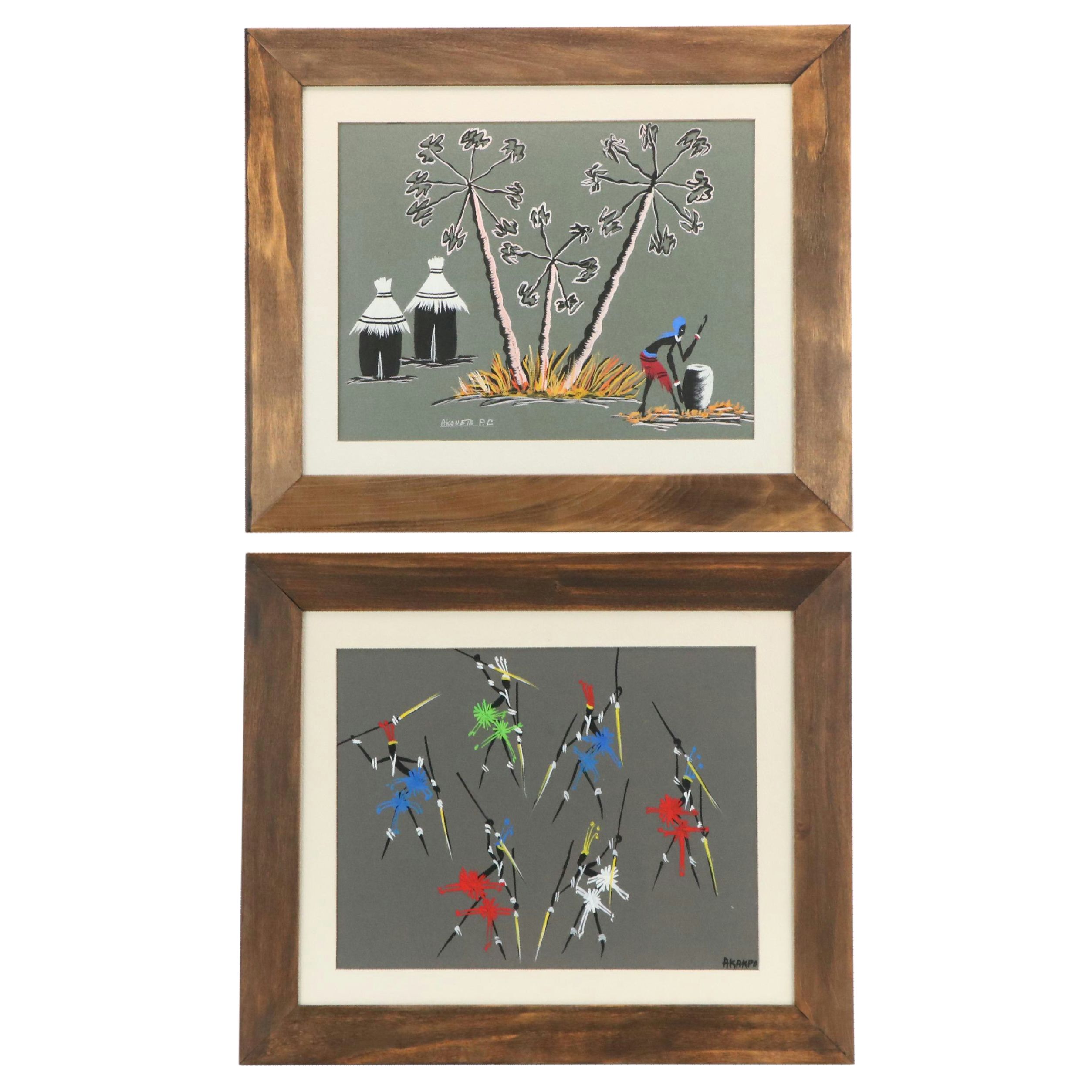 African Tempera Paintings of Daily Life and Dance Scene