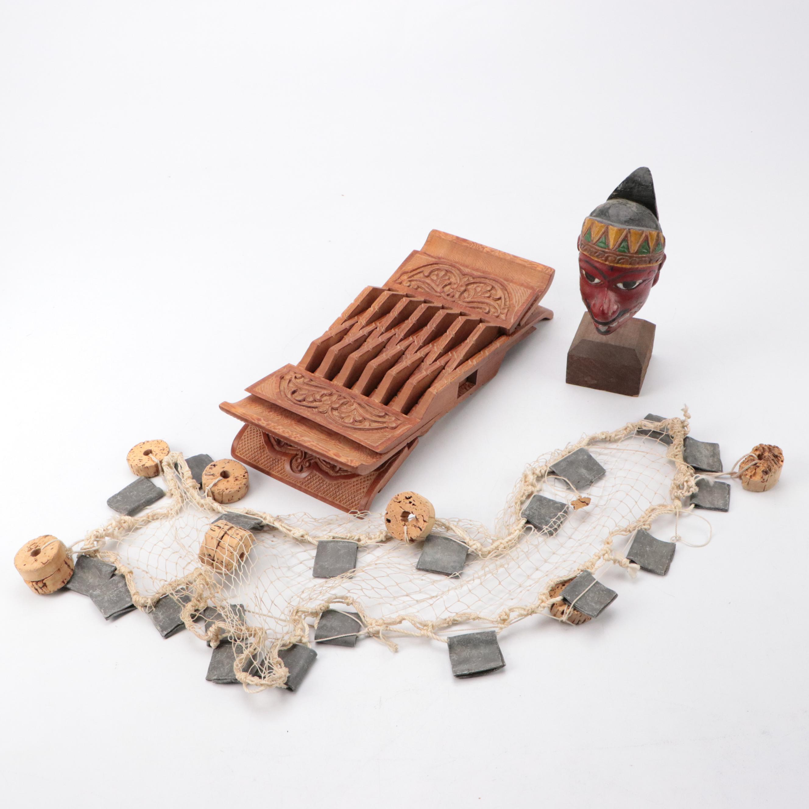 Miniature Indonesian Mask, Carved Wood Bookstand and Miniature Fishing Net