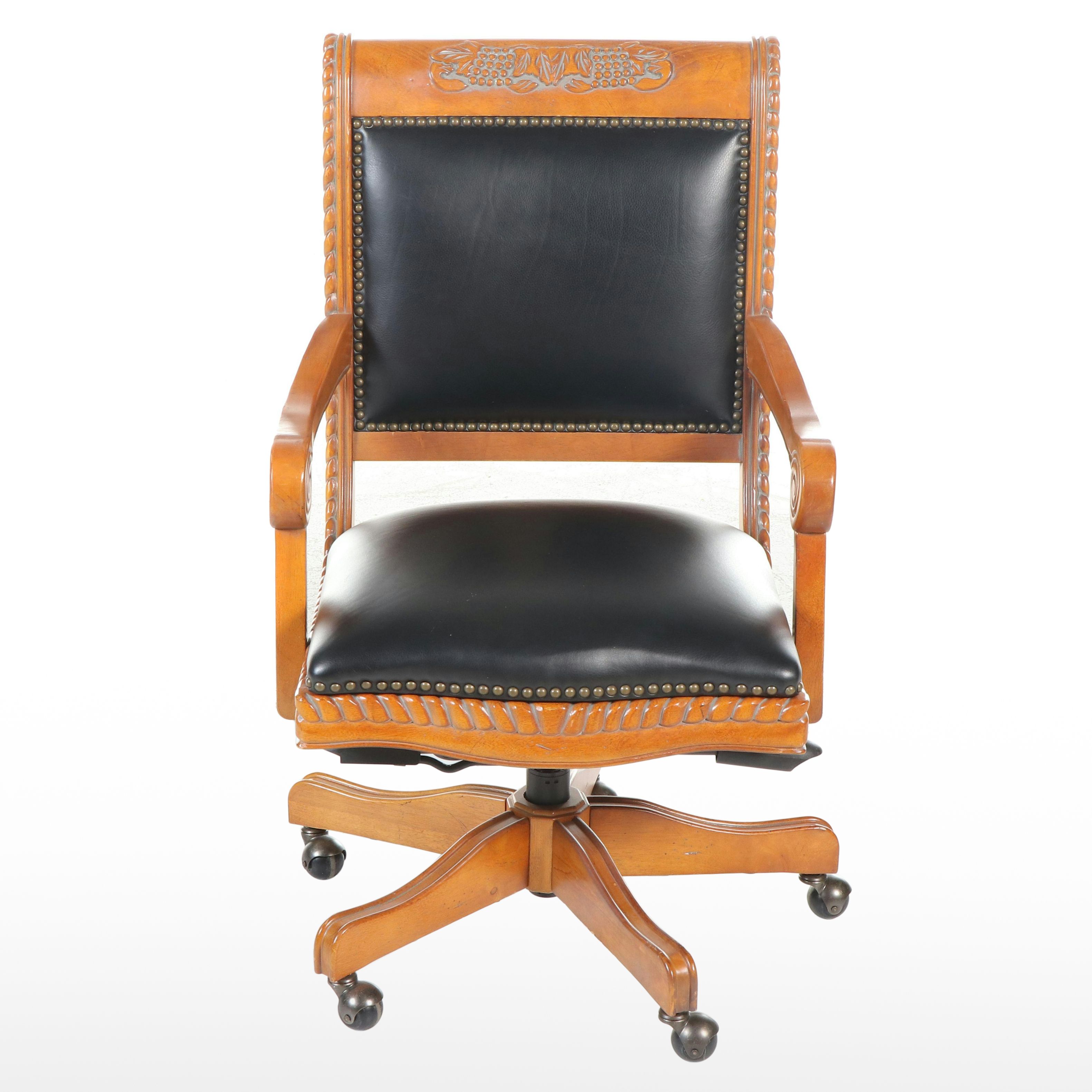 Contemporary Hardwood and Faux-Leather Adjustable-Height Swivel-Tilt Desk Chair