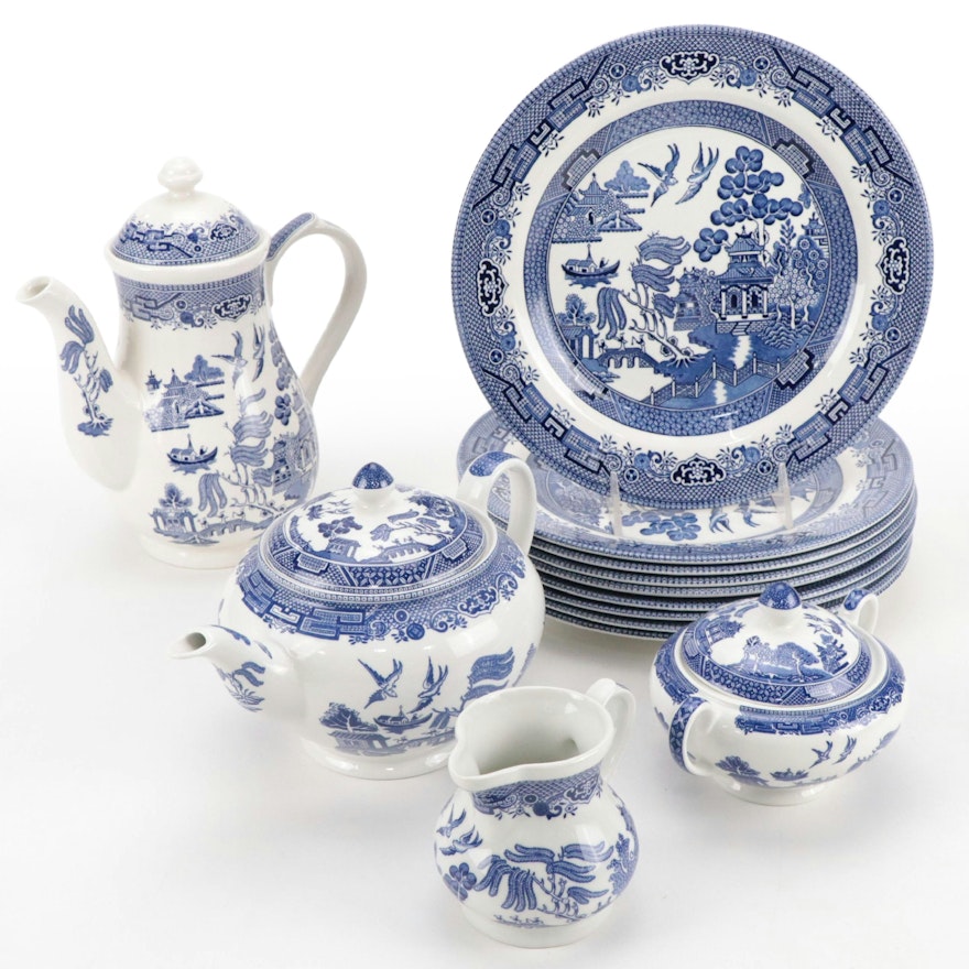 Churchill Coffee and Tea Set with Other Blue Willow Plates