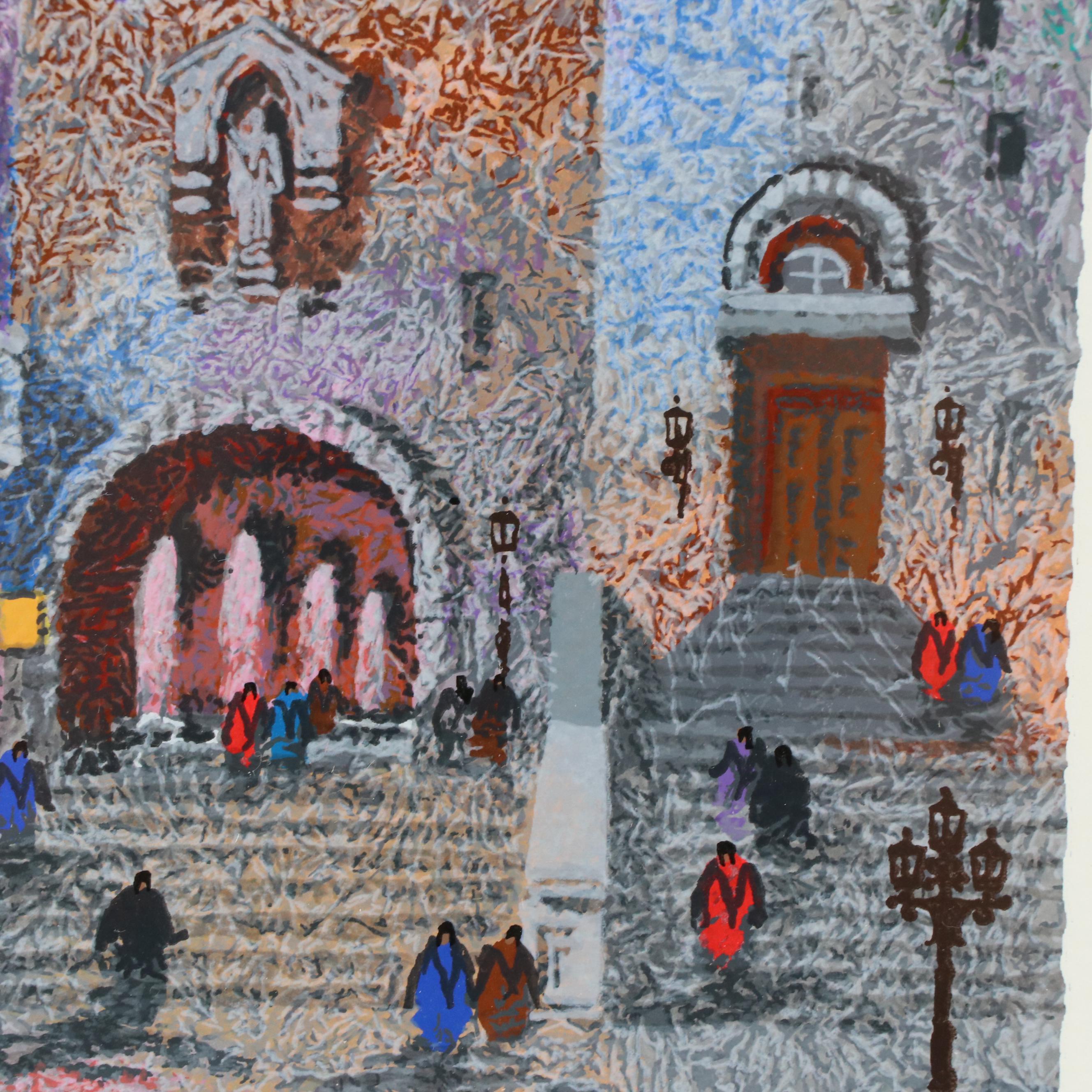 Anatole Krasnyansky Serigraph of Street Scene