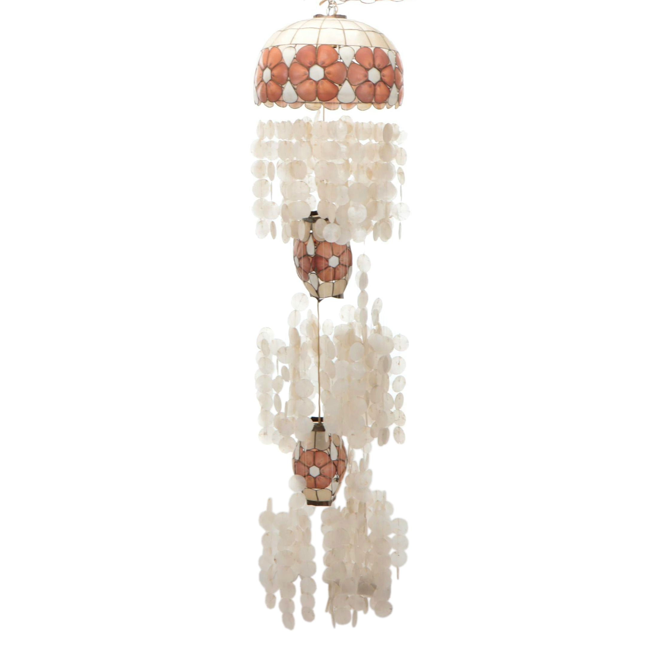 Capiz and Spiny Oyster Shell Three Tier Pendant Light, Mid-20th Century
