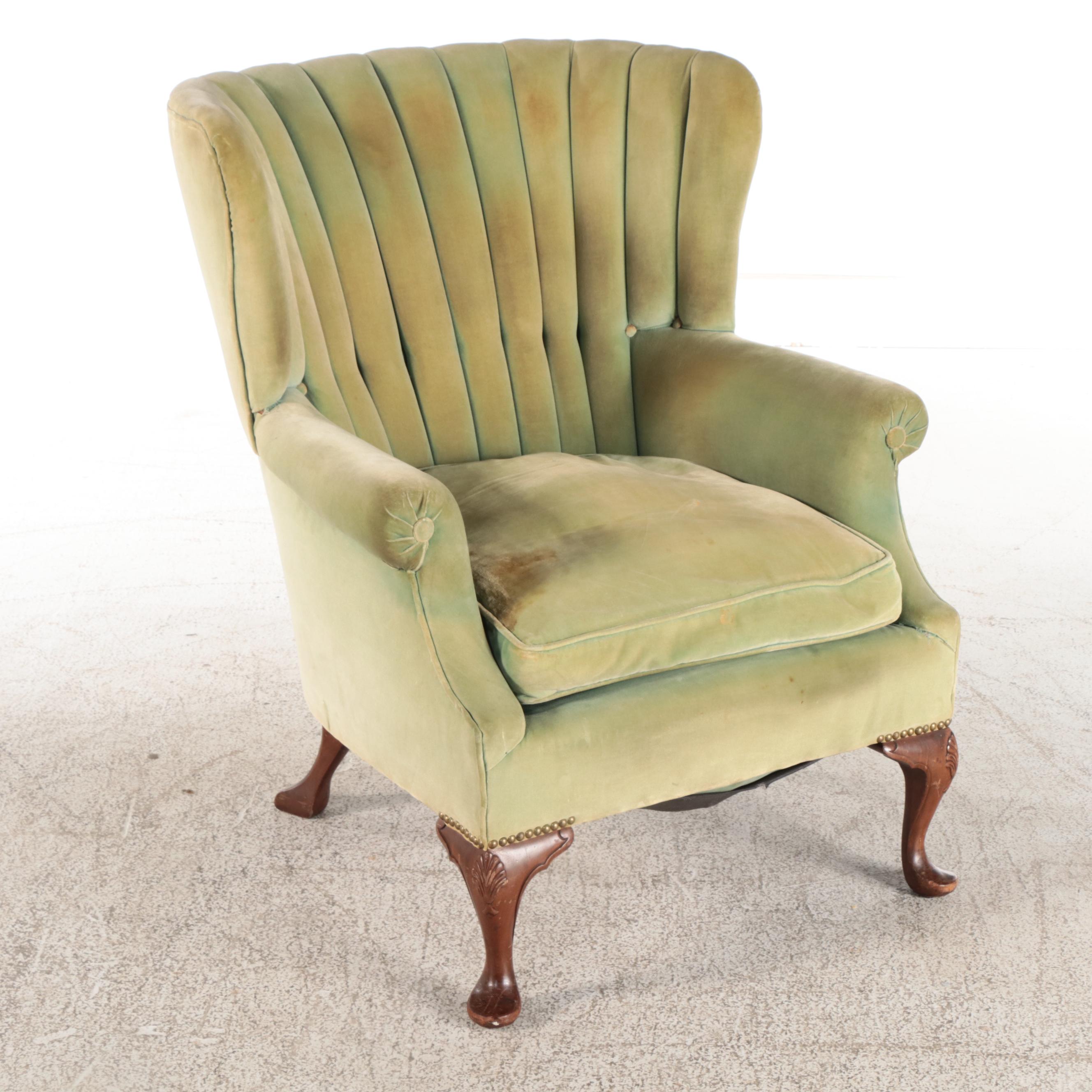 Queen Anne Style Mahogany and Velvet Channel-Back Wing Chair