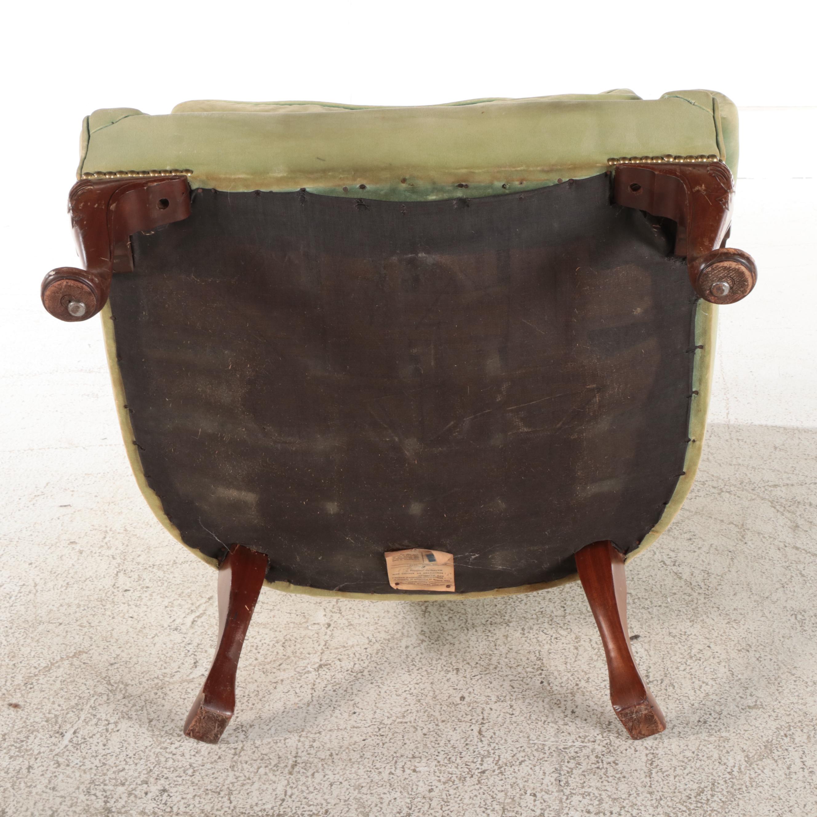 Queen Anne Style Mahogany and Velvet Channel-Back Wing Chair