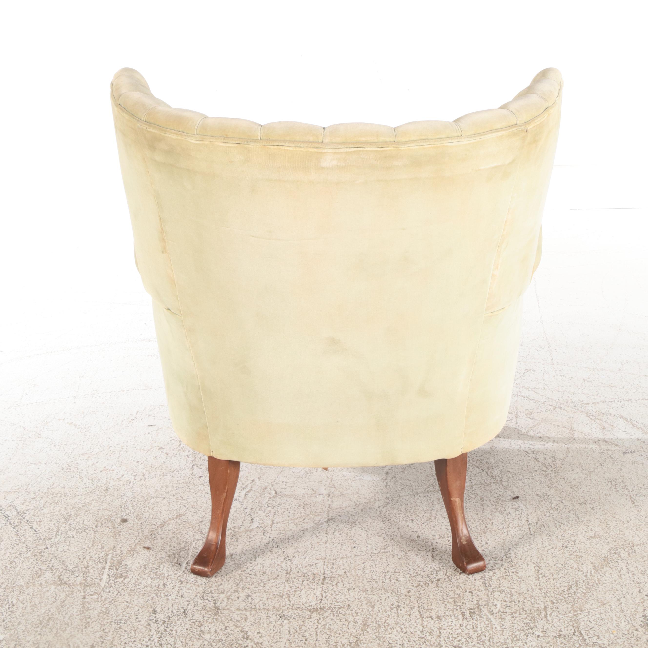 Queen Anne Style Mahogany and Velvet Channel-Back Wing Chair