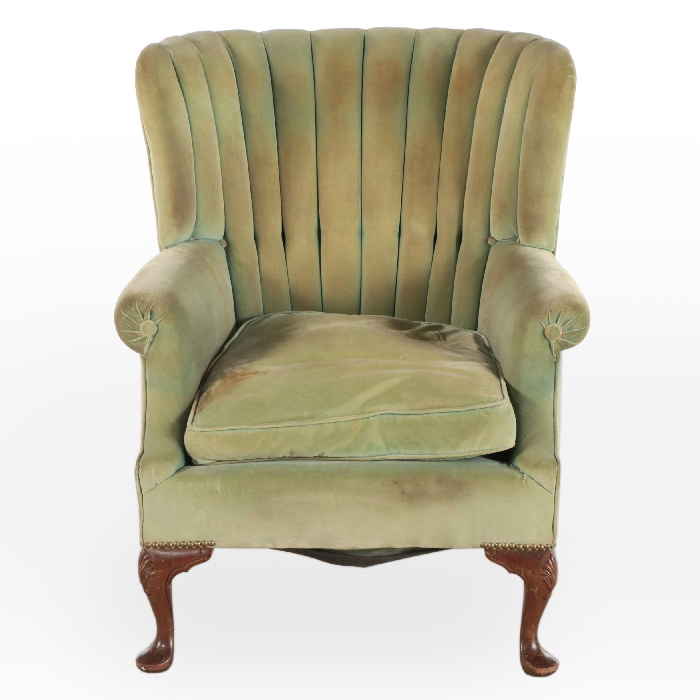 Queen Anne Style Mahogany and Velvet Channel-Back Wing Chair