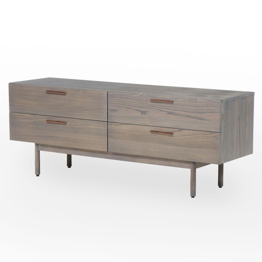Blu Dot "Shale" Modernist Style Ash Chest with Leather Handles in Smoke Finish