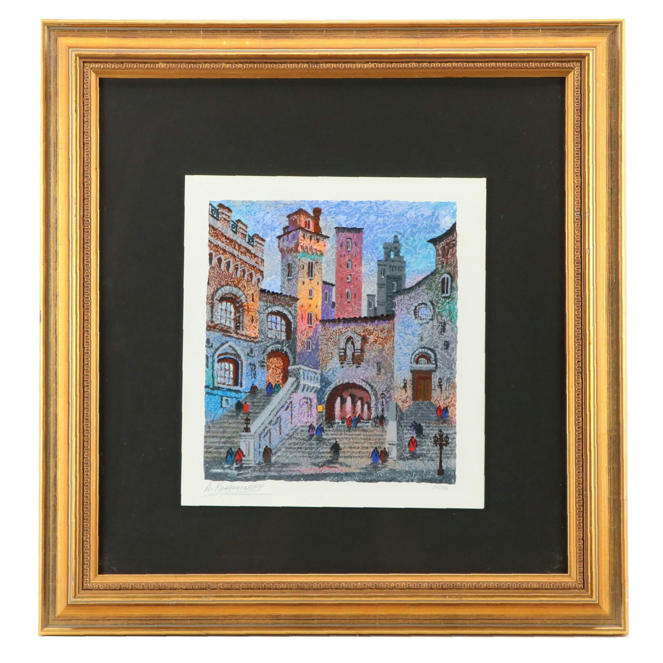 Anatole Krasnyansky Serigraph of Street Scene