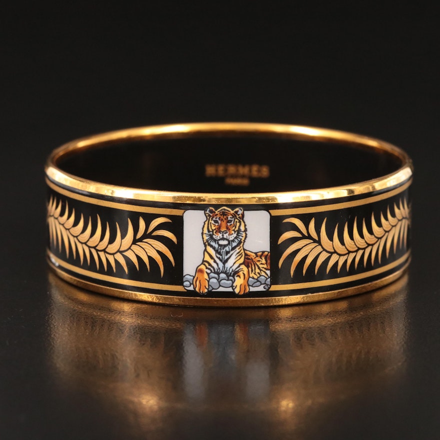 Hermès Wide Enamel Lion Bangle Bracelet with Box