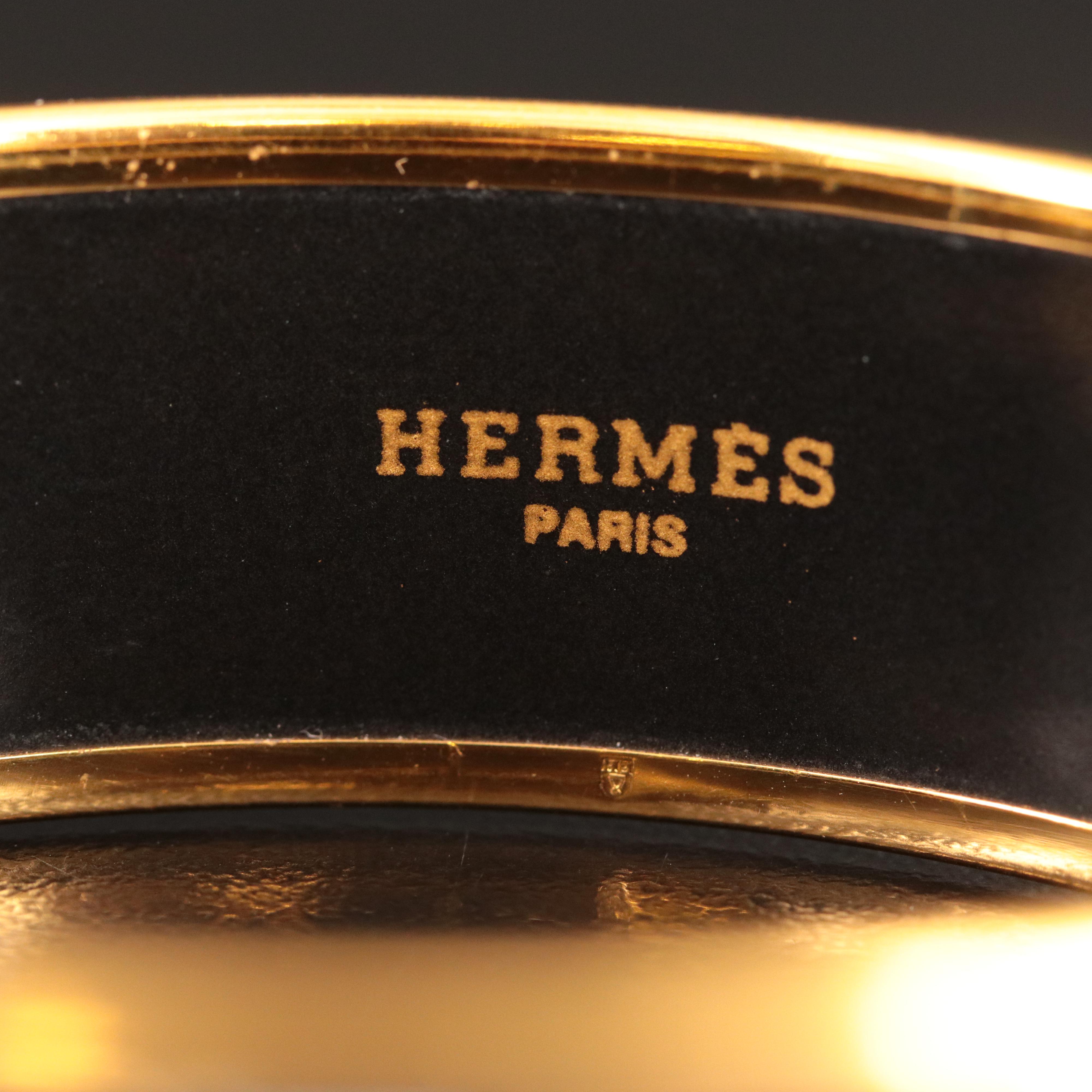 Hermès Wide Enamel Lion Bangle Bracelet with Box