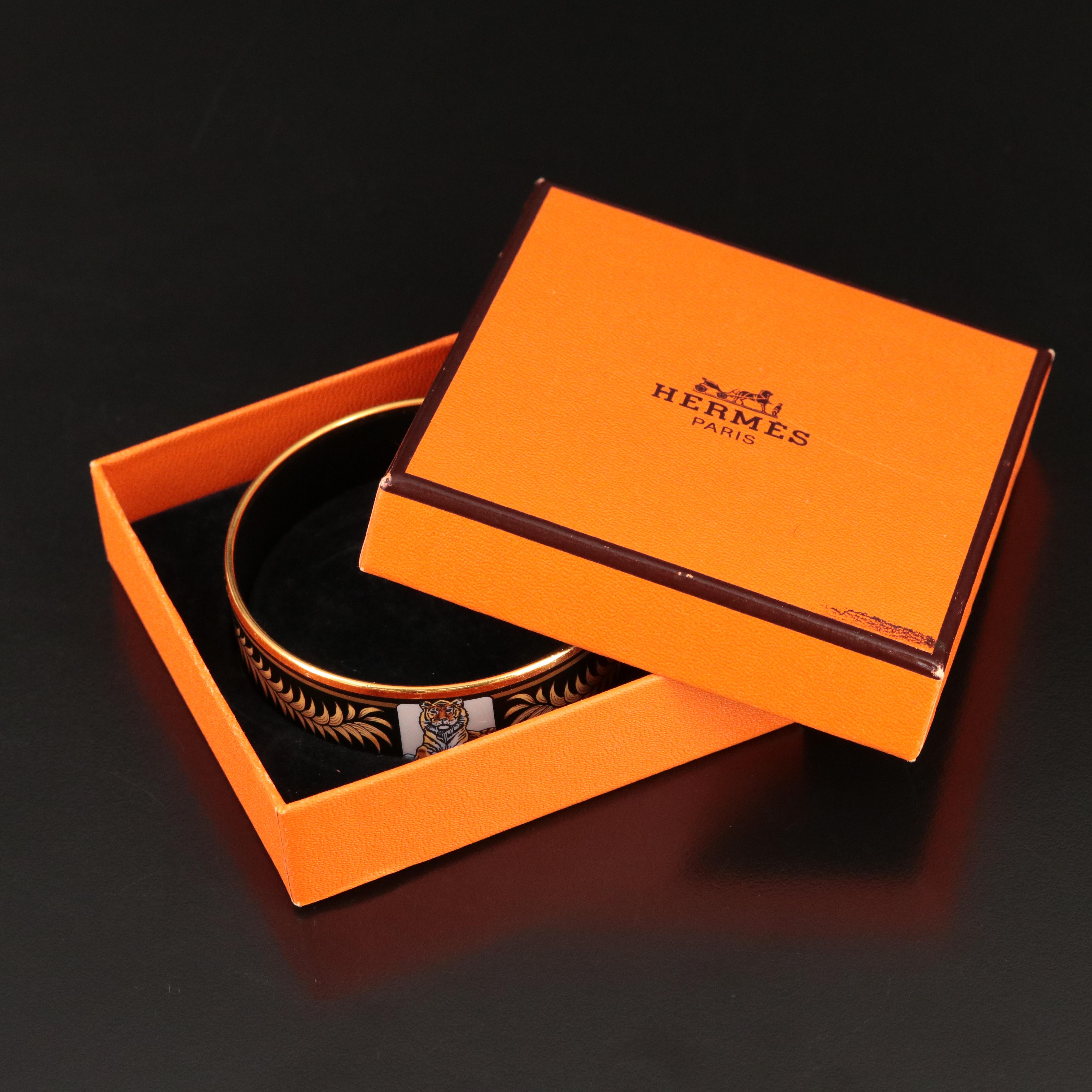 Hermès Wide Enamel Lion Bangle Bracelet with Box