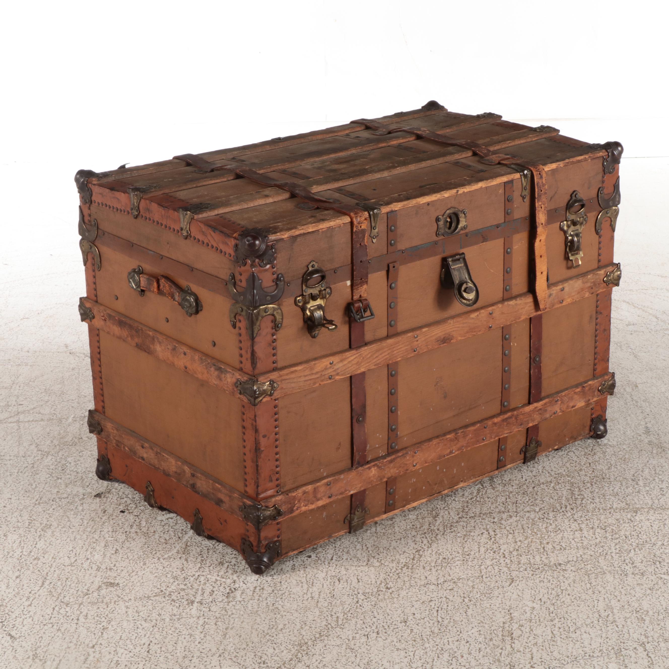 Late Victorian Canvas-Lined, Metal-Bound, & Slatted Ash Flat-Top Steamer Trunk