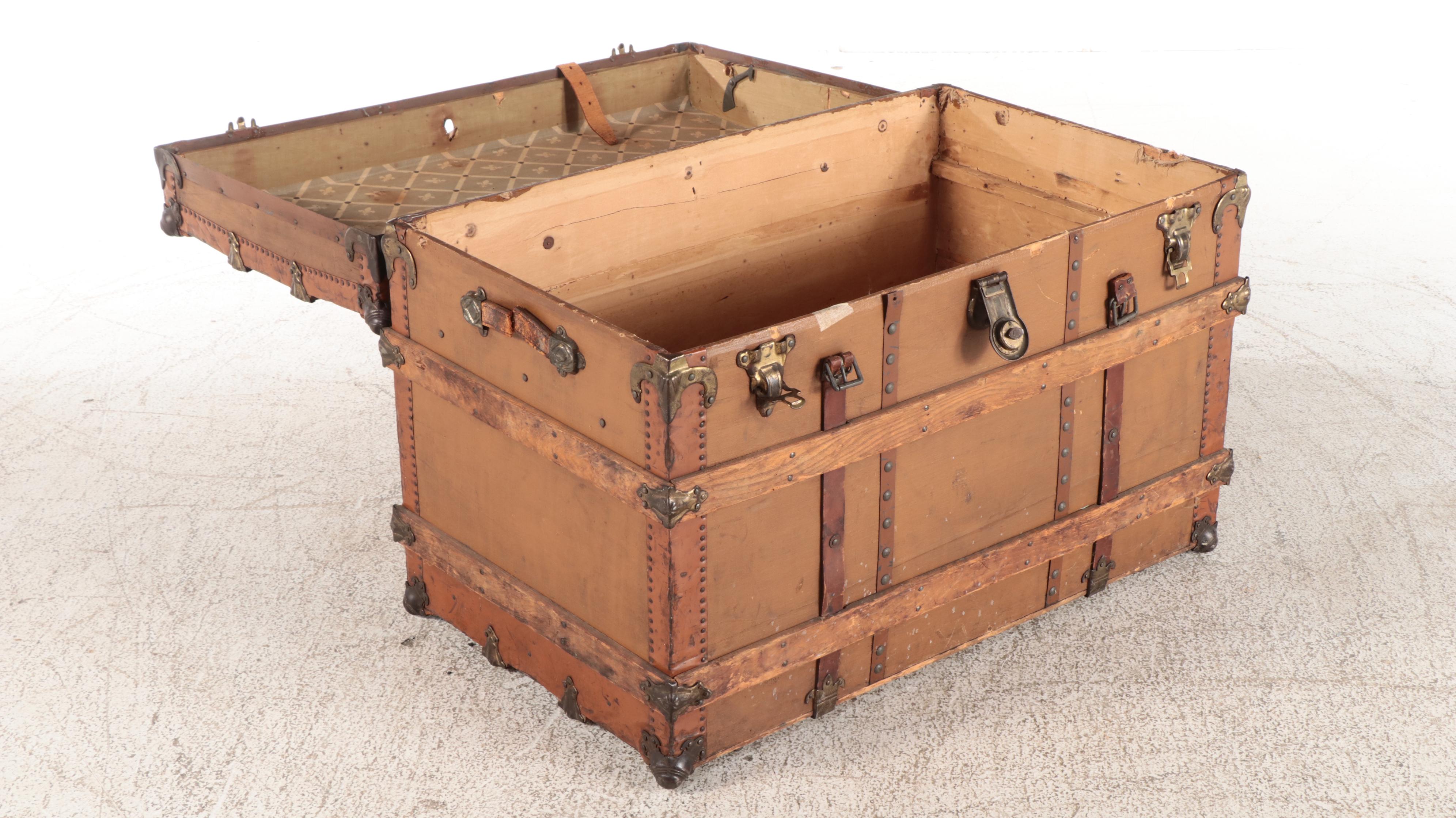 Late Victorian Canvas-Lined, Metal-Bound, & Slatted Ash Flat-Top Steamer Trunk