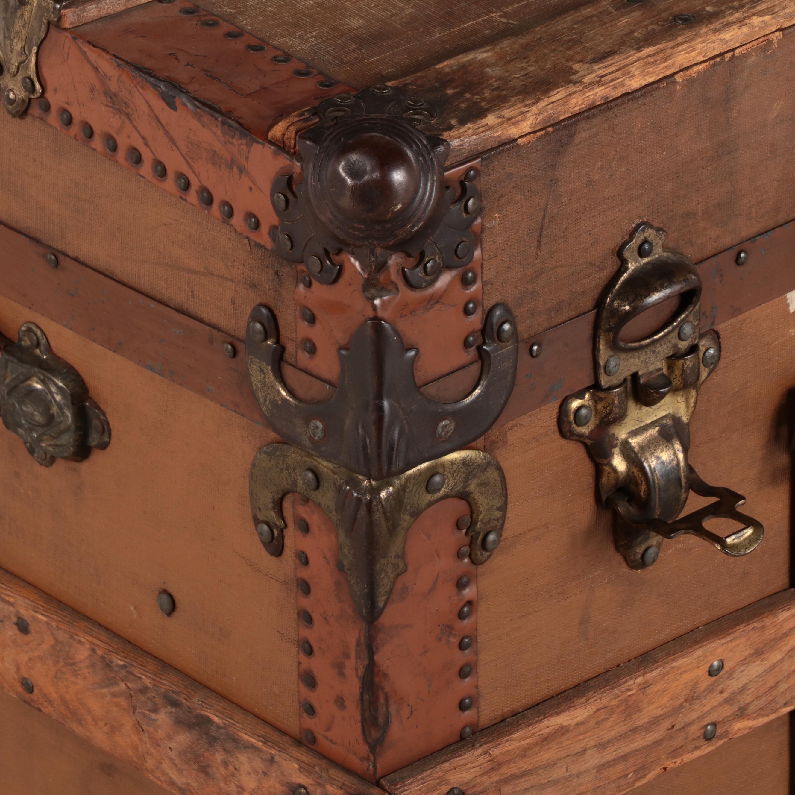 Late Victorian Canvas-Lined, Metal-Bound, & Slatted Ash Flat-Top Steamer Trunk