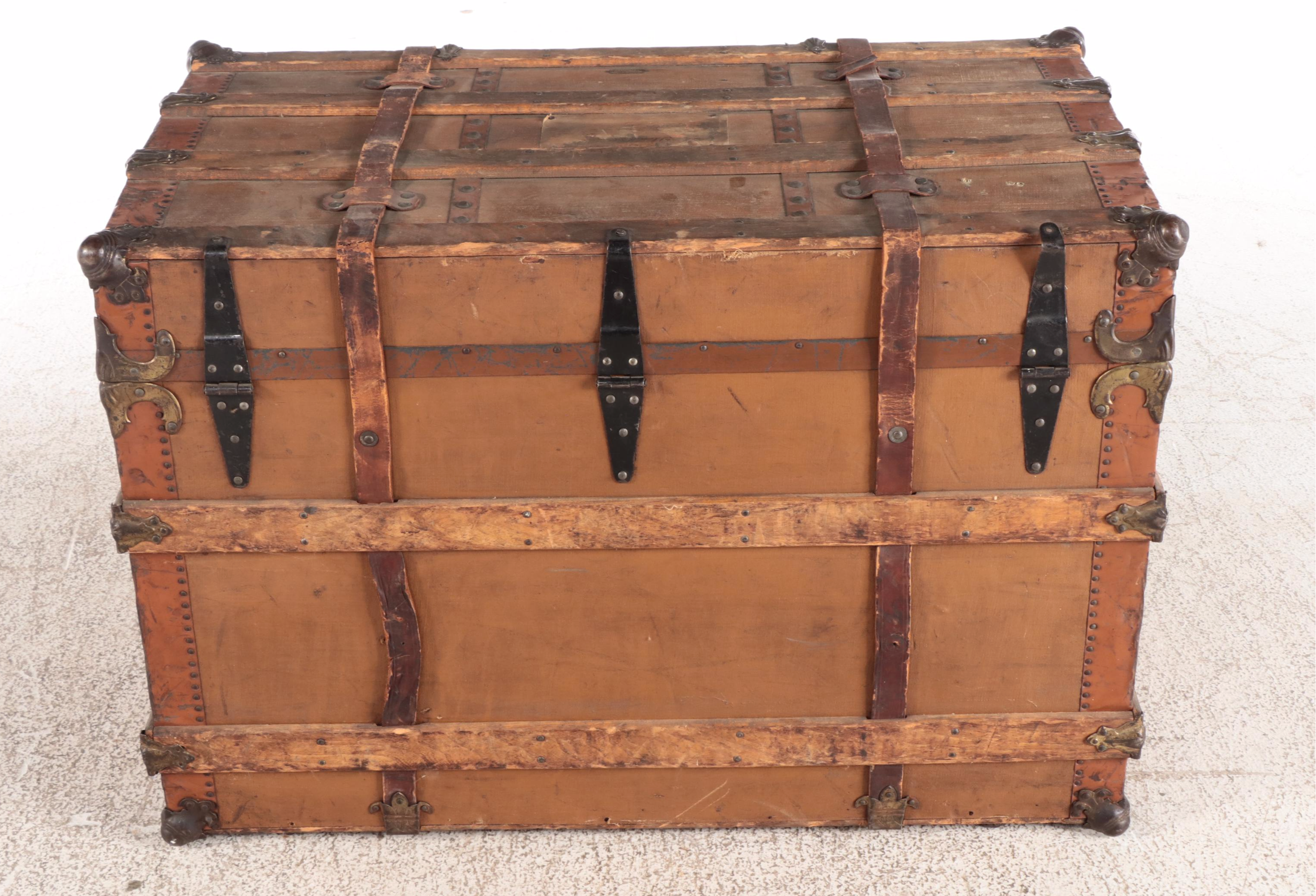 Late Victorian Canvas-Lined, Metal-Bound, & Slatted Ash Flat-Top Steamer Trunk
