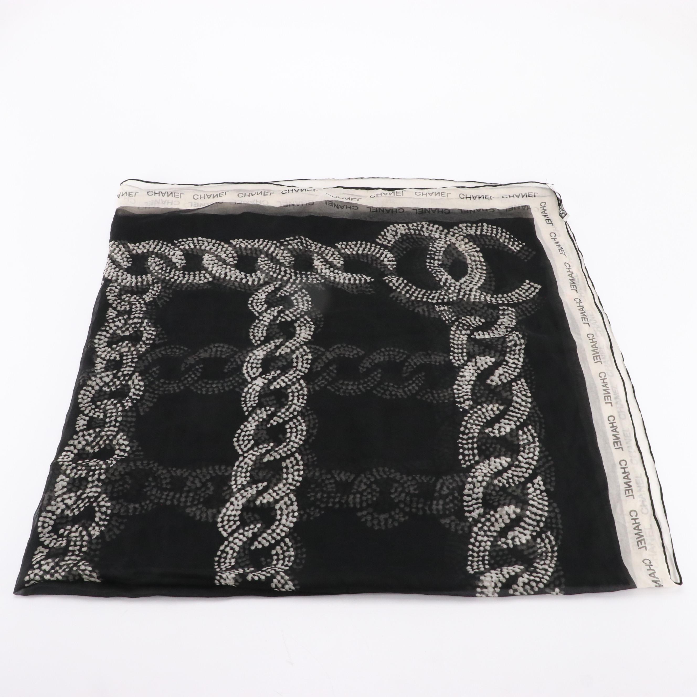 Chanel Black and White Sheer Silk Shawl Scarf