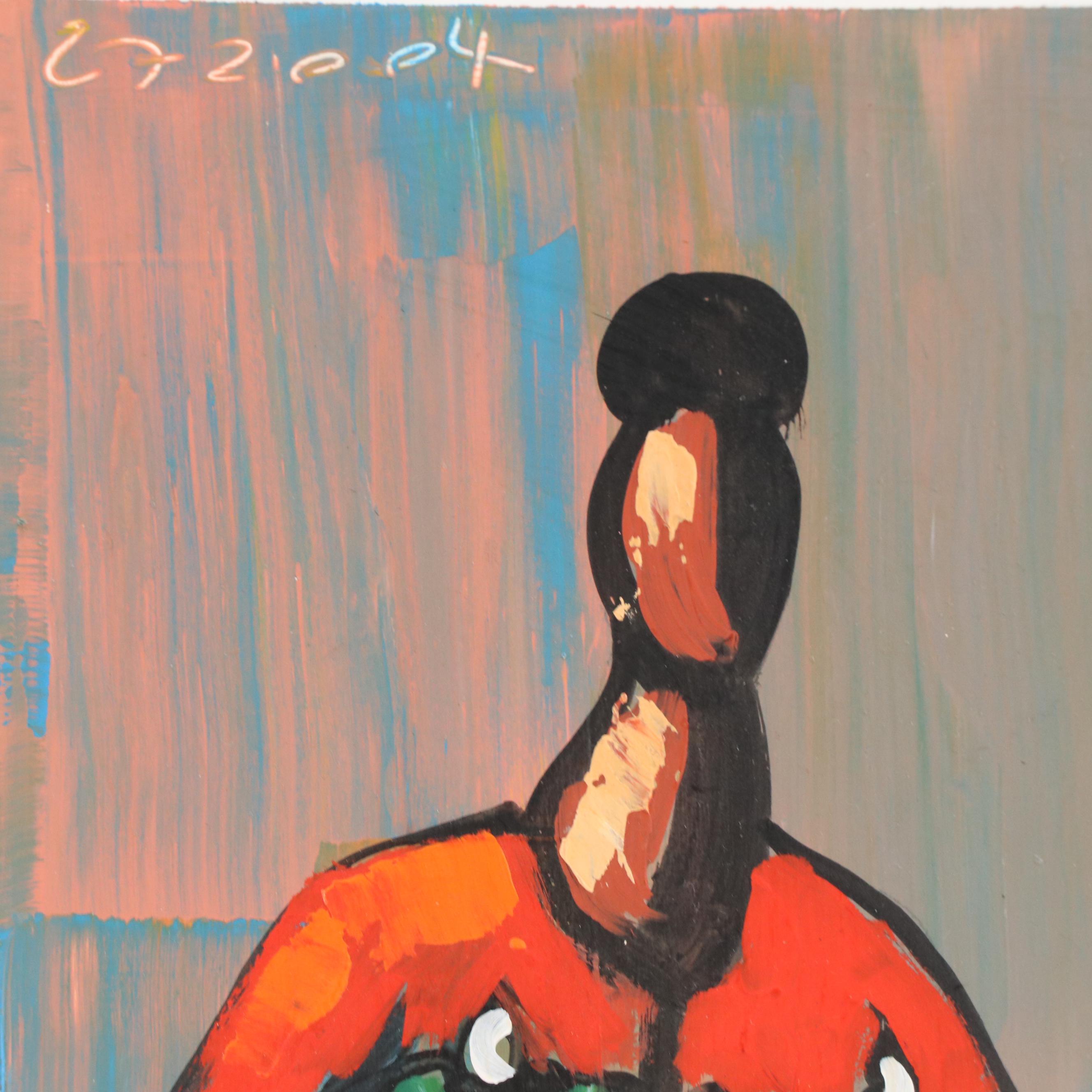 Eloy Zúñiga Guevara Oil Painting of Woman Carrying a Basket, 2004