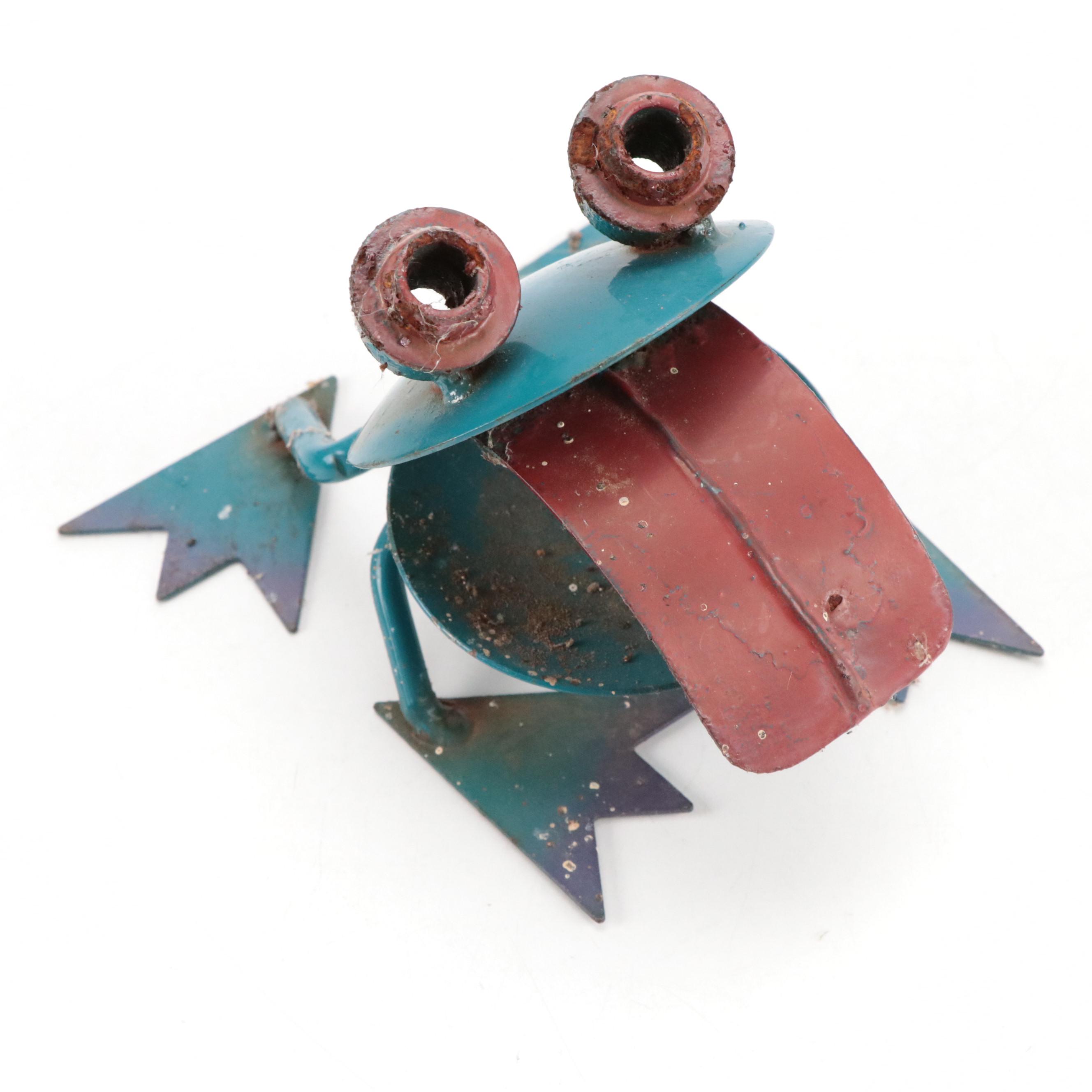 Polychrome Scrap Metal, Tool and Rebar Frogs and Bird Yard Art Sculptures