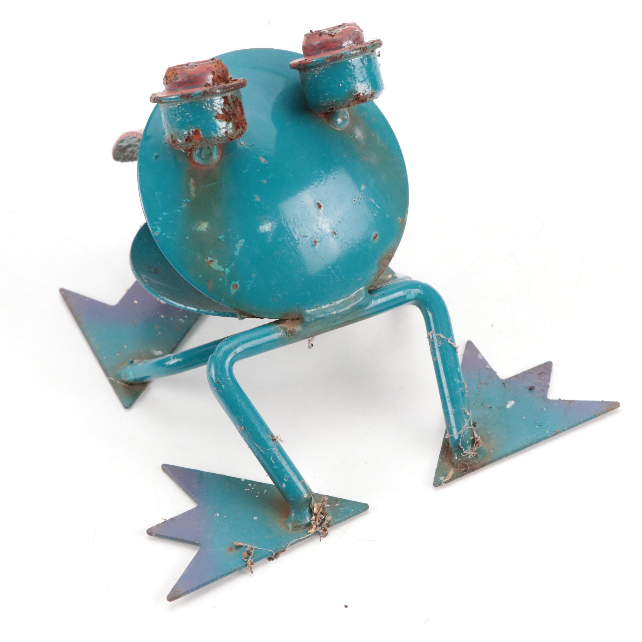 Polychrome Scrap Metal, Tool and Rebar Frogs and Bird Yard Art Sculptures