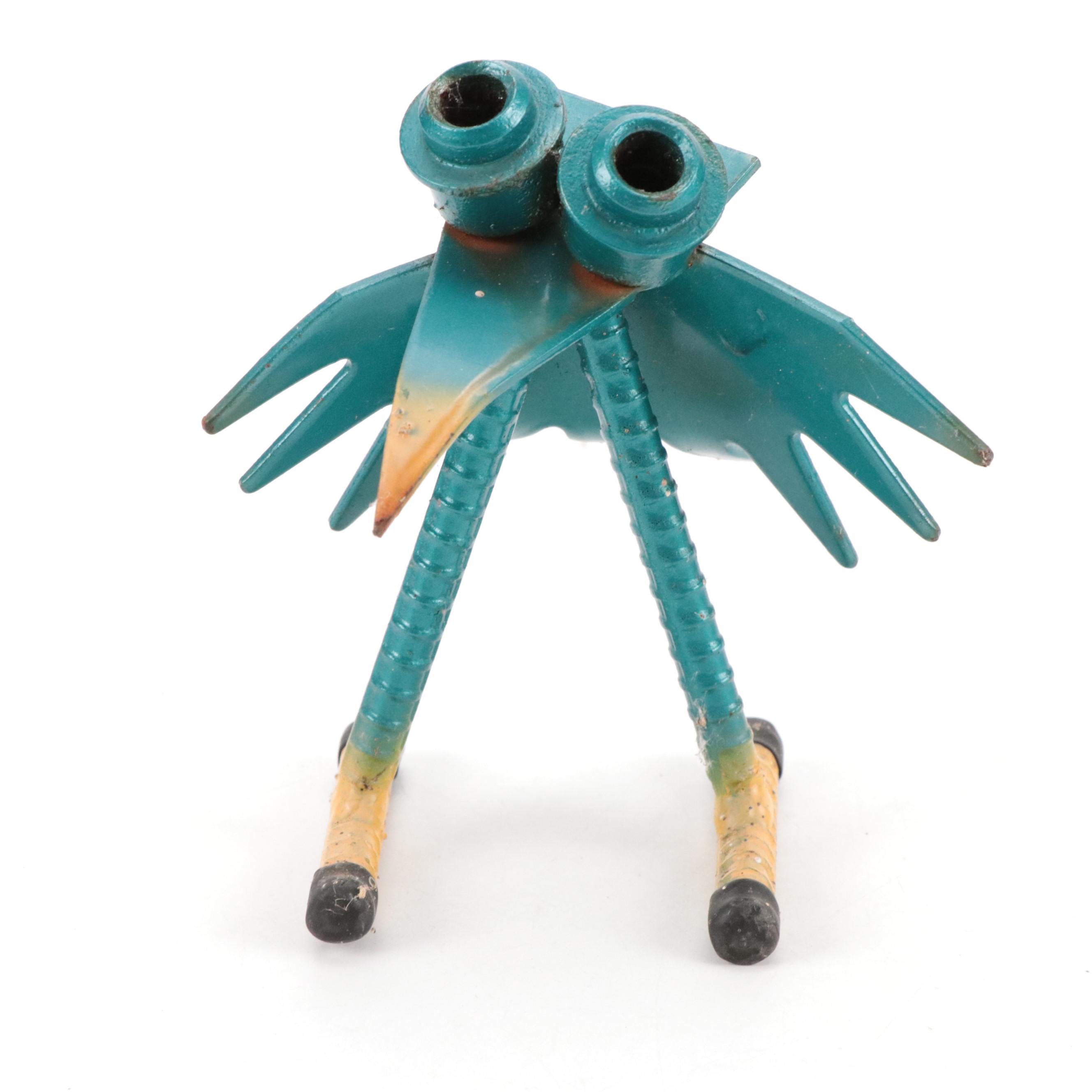 Polychrome Scrap Metal, Tool and Rebar Frogs and Bird Yard Art Sculptures