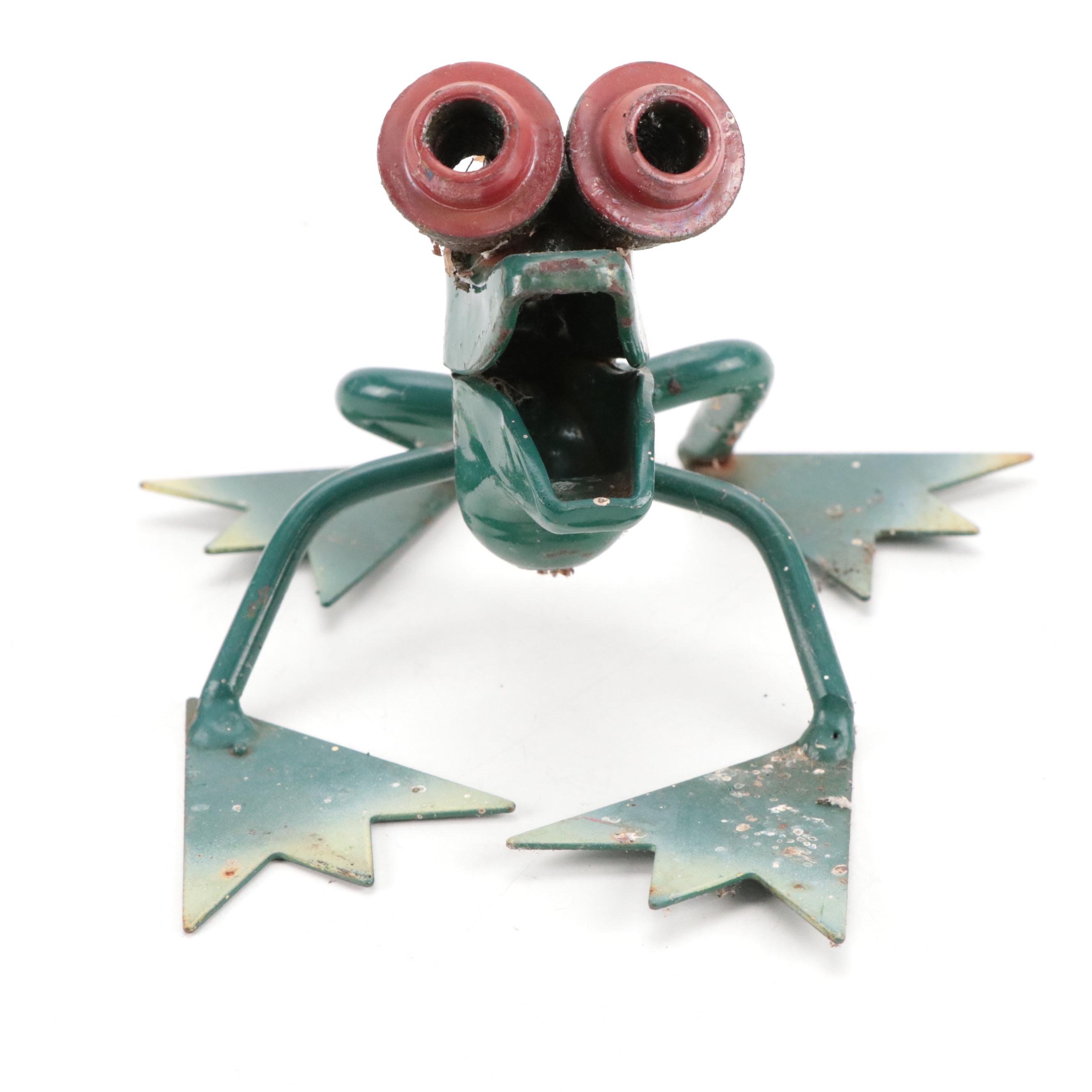 Polychrome Scrap Metal, Tool and Rebar Frogs and Bird Yard Art Sculptures