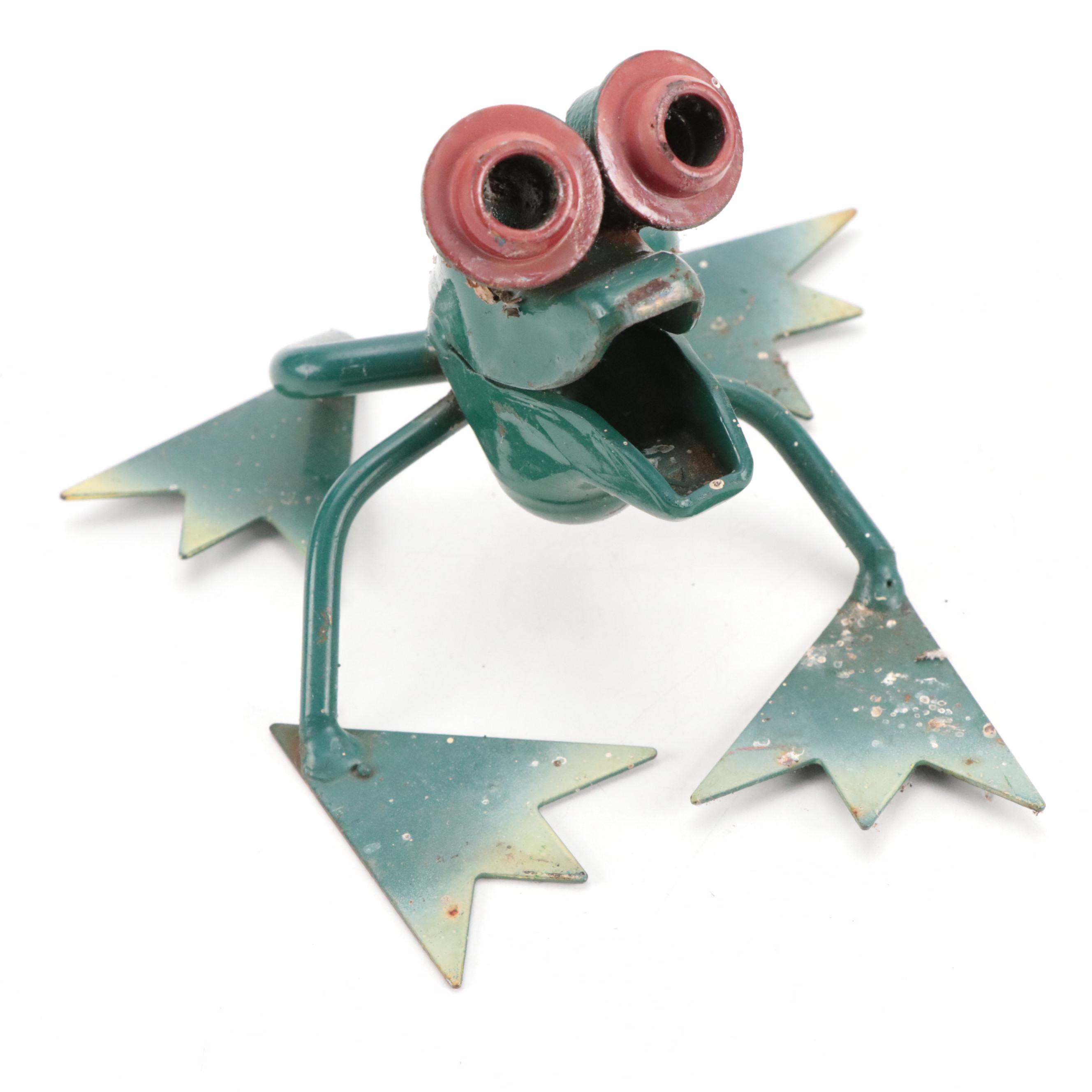 Polychrome Scrap Metal, Tool and Rebar Frogs and Bird Yard Art Sculptures