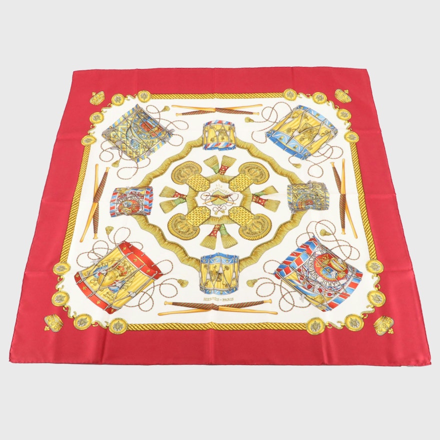 Hermès "Les Tambours" Red, White and Gold Silk Scarf 90