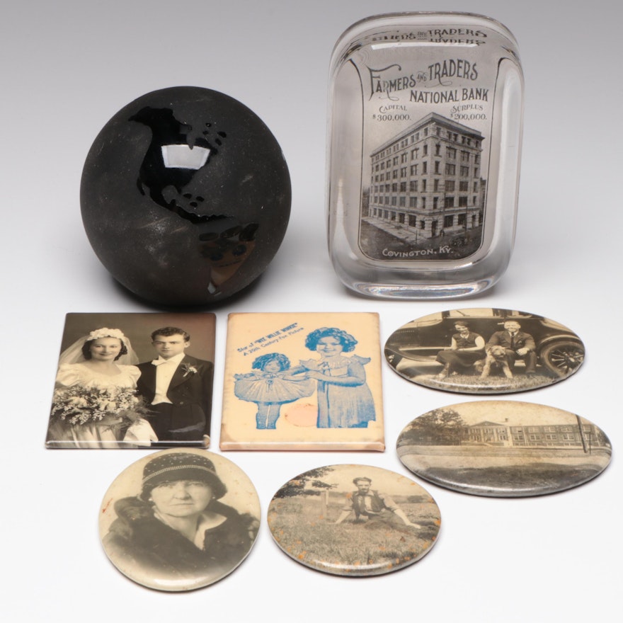 Celluloid Pocket Mirrors with Photographs and Glass Paperweights, Early 20th C.