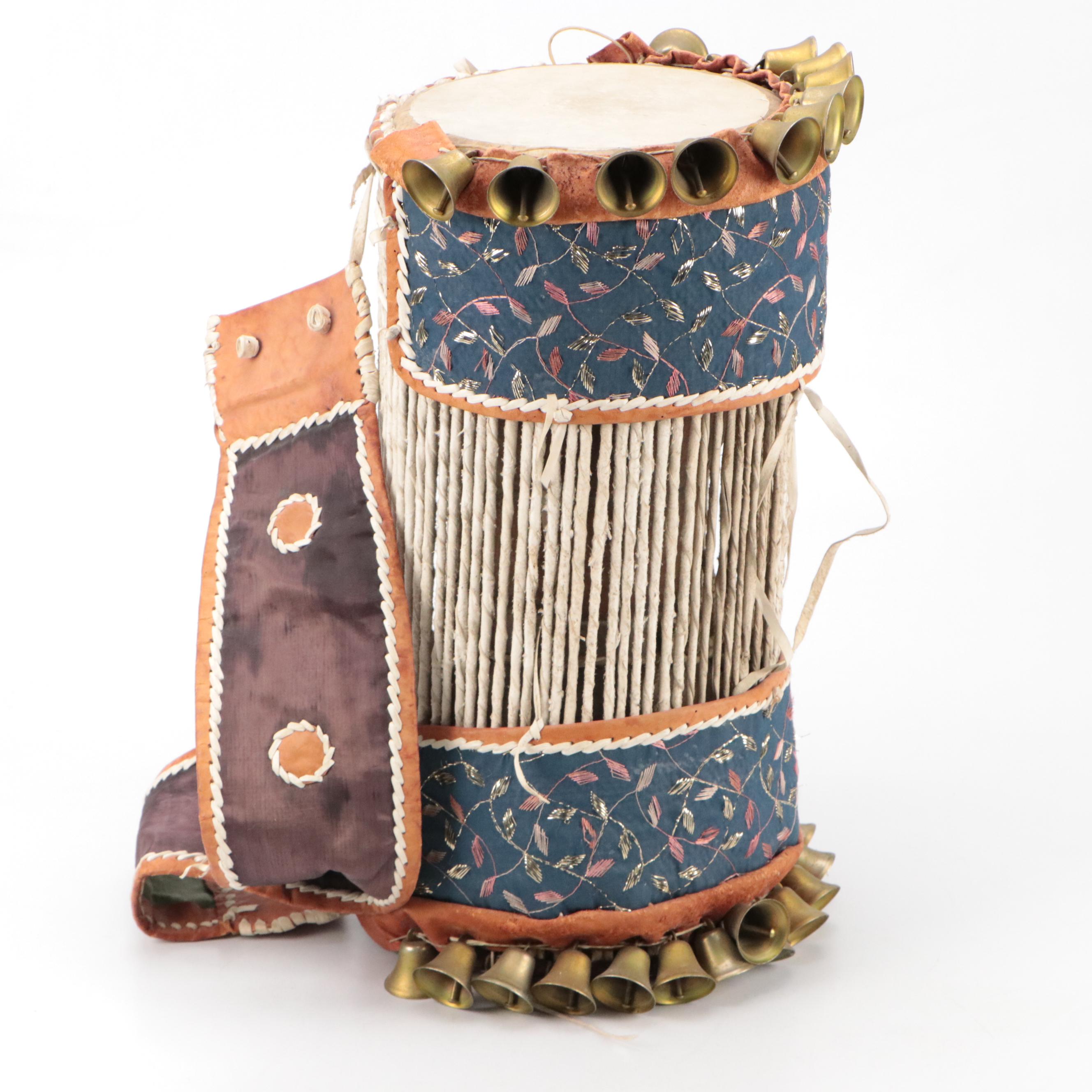 Nigerian Yoruba Talking Drum with Bells and Quilted Leather Strap