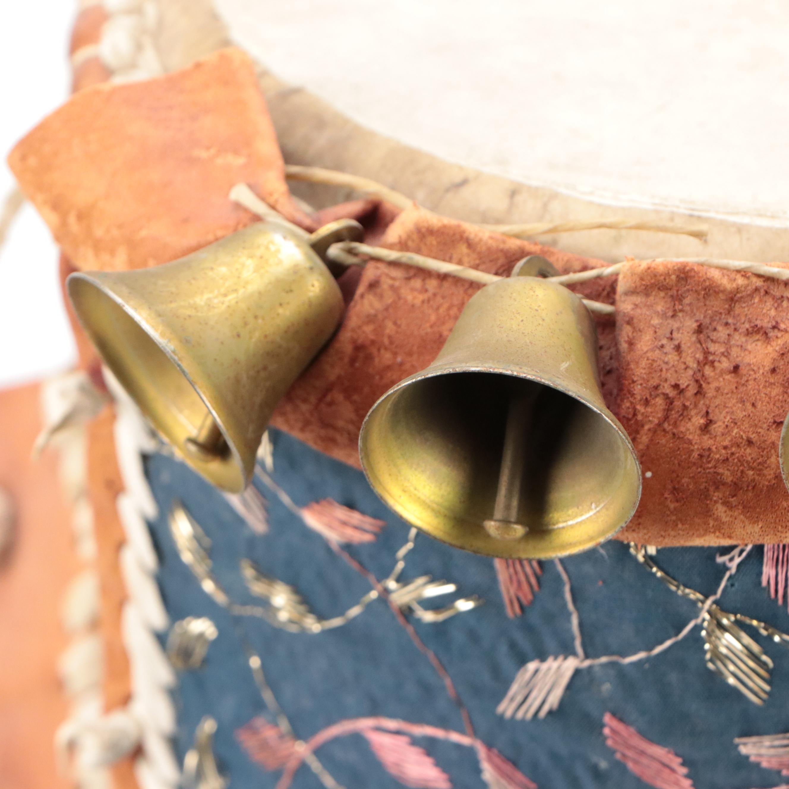 Nigerian Yoruba Talking Drum with Bells and Quilted Leather Strap