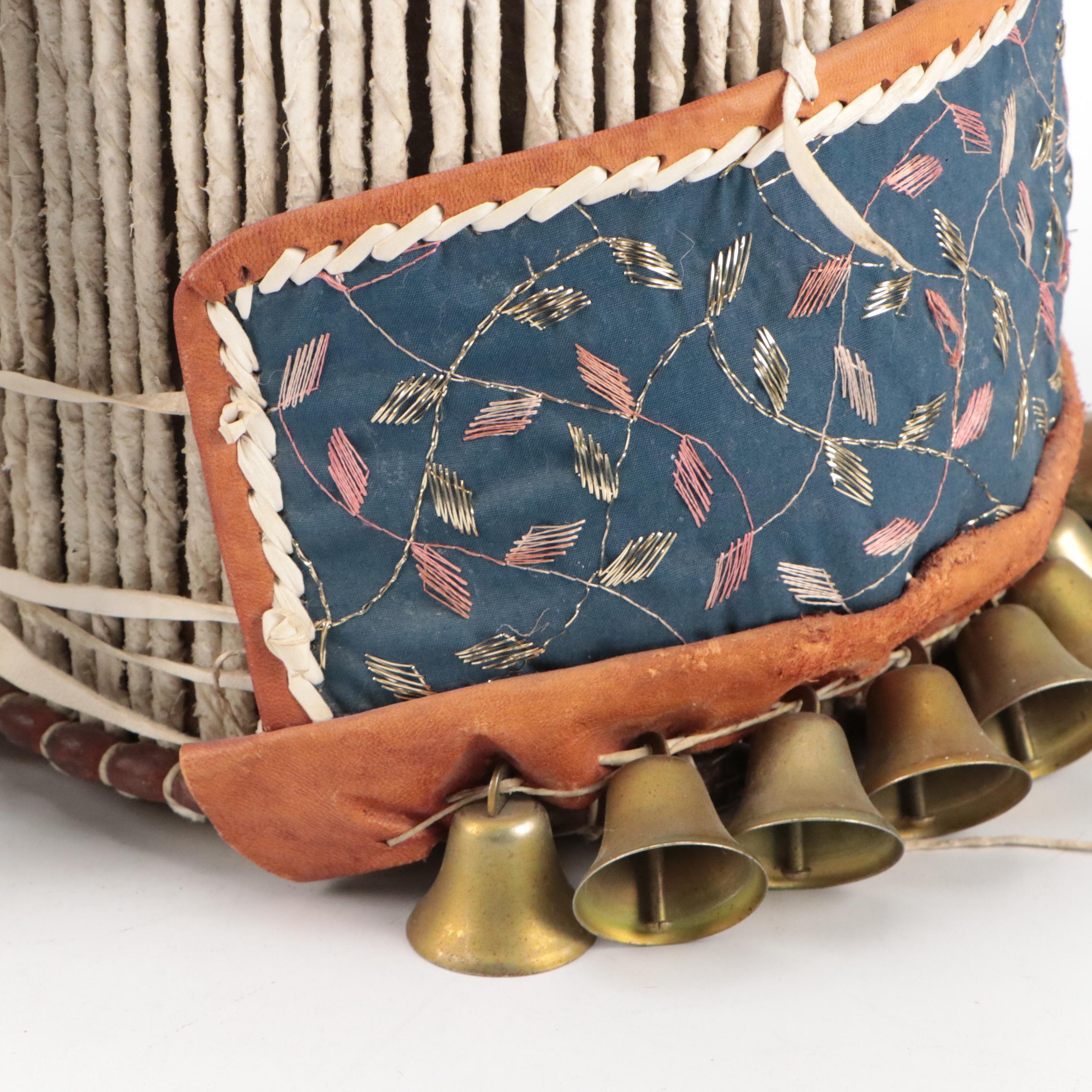 Nigerian Yoruba Talking Drum with Bells and Quilted Leather Strap