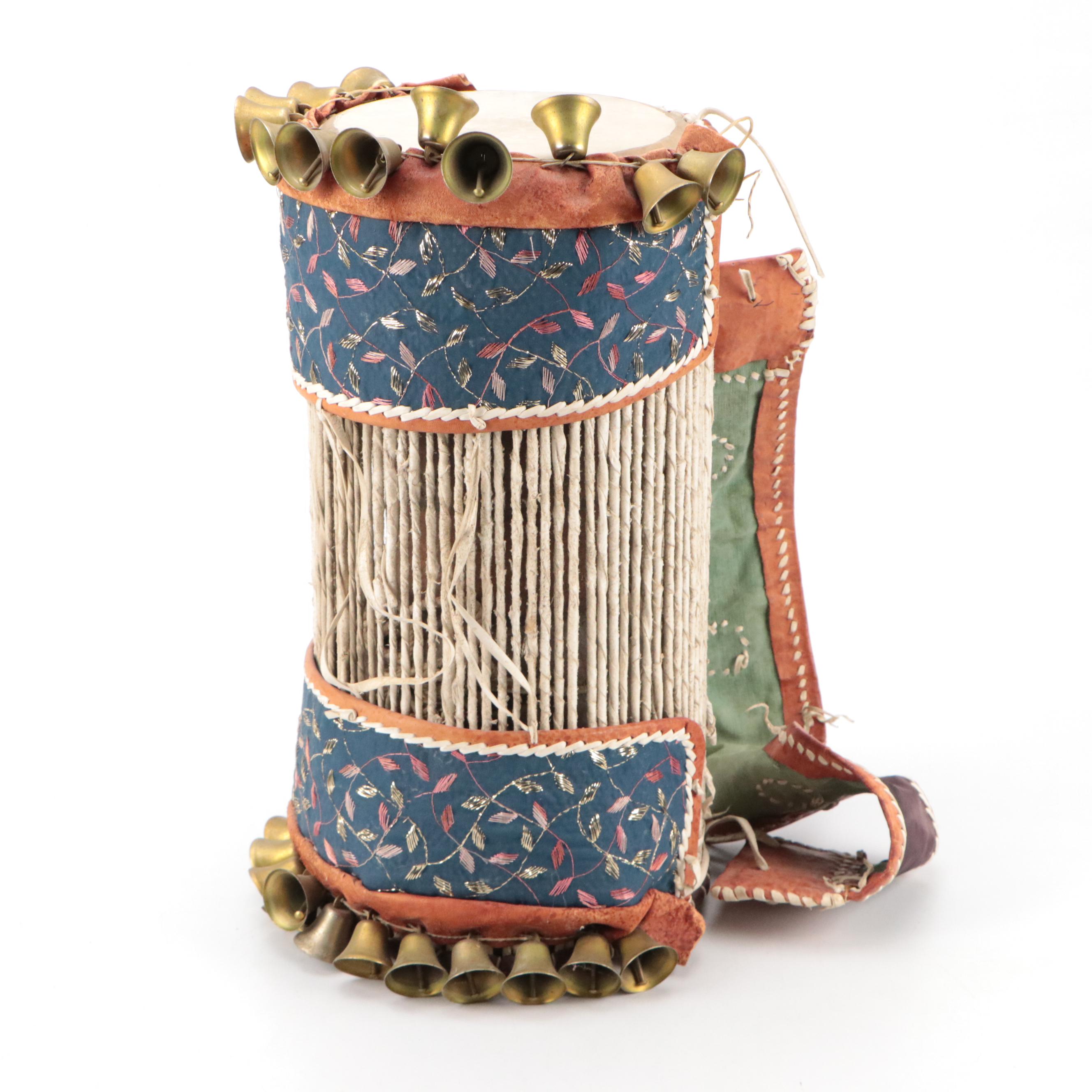 Nigerian Yoruba Talking Drum with Bells and Quilted Leather Strap