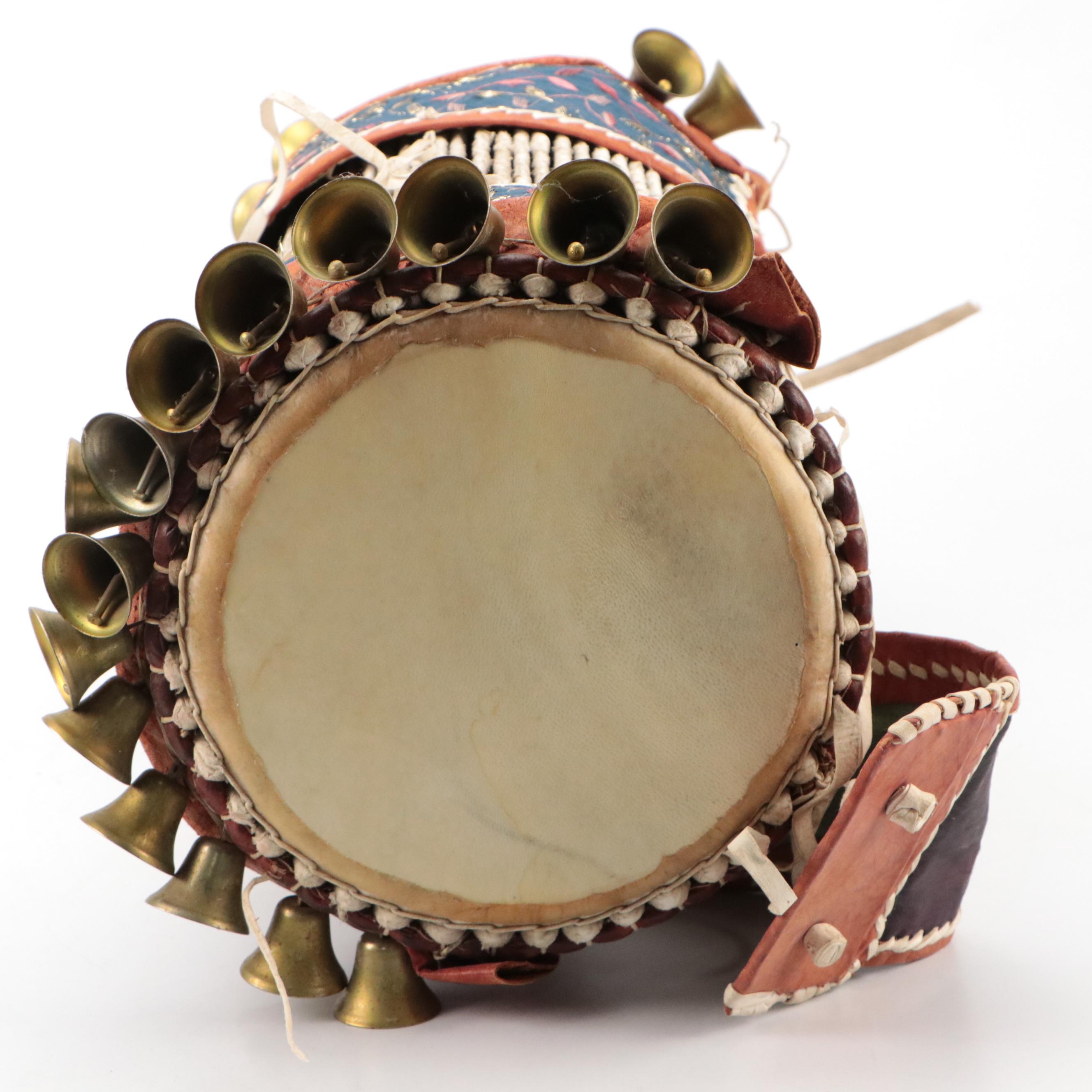 Nigerian Yoruba Talking Drum with Bells and Quilted Leather Strap