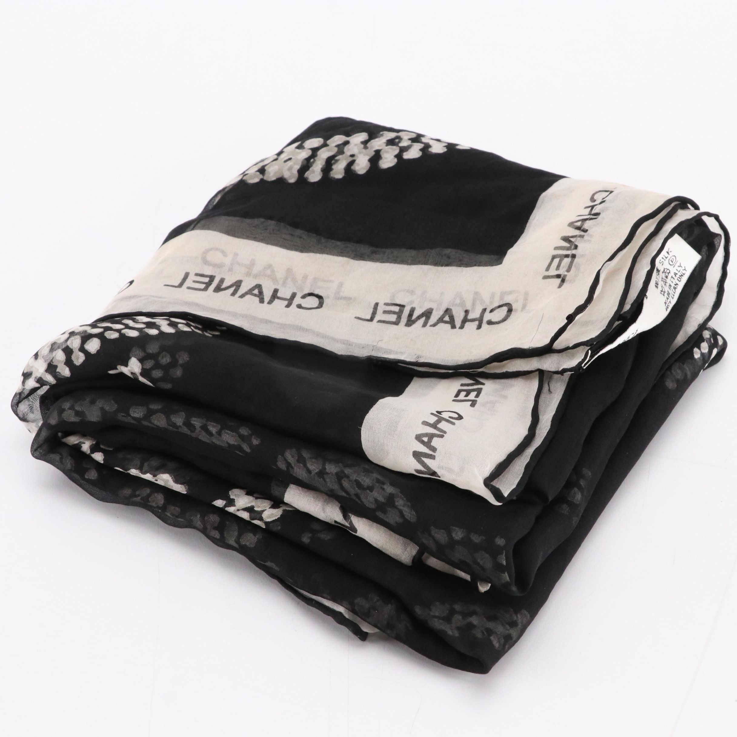 Chanel Black and White Sheer Silk Shawl Scarf
