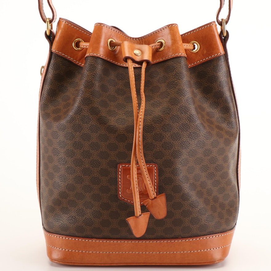 Celine Macadam Drawstring Bucket Bag in Brown Coated Canvas