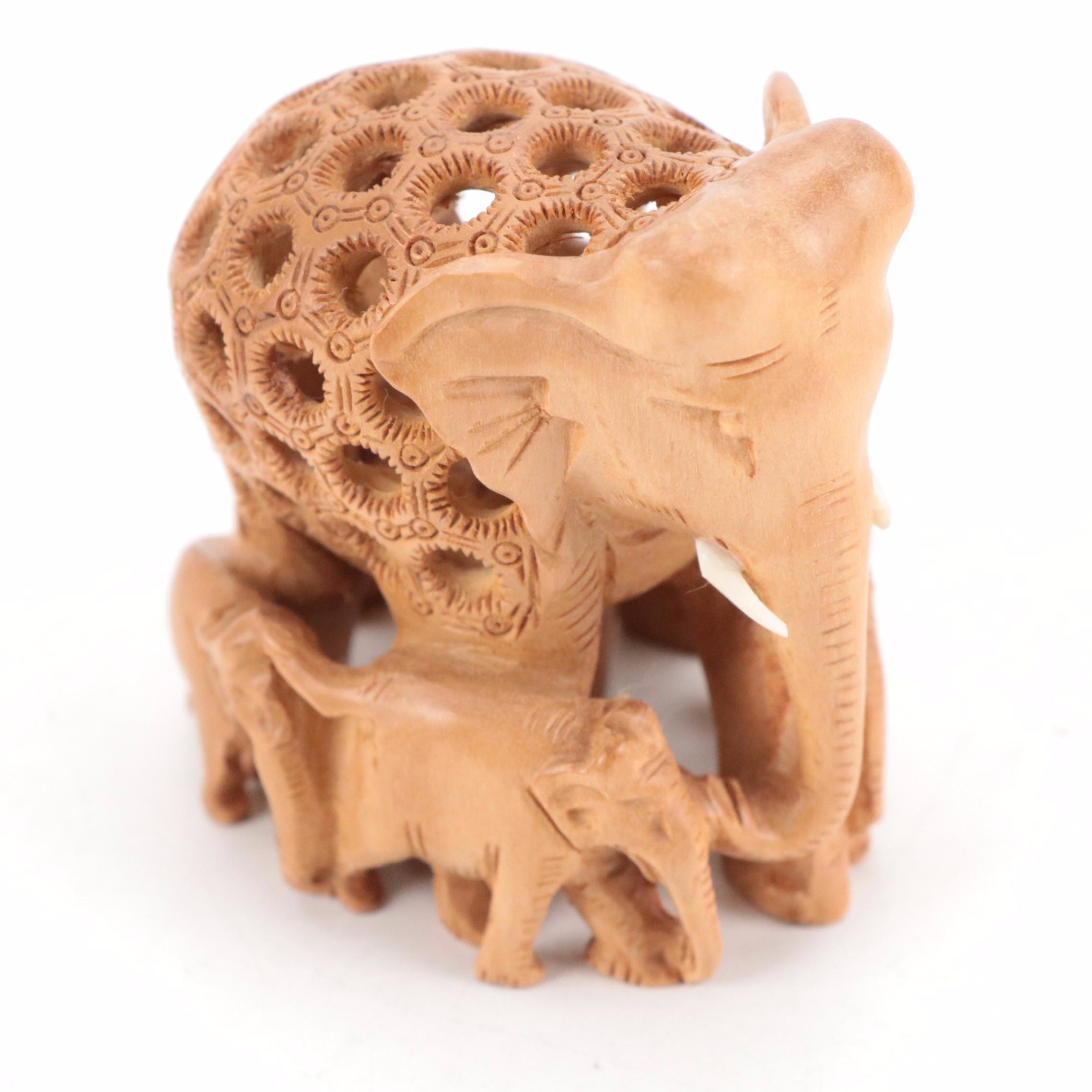 Indian Hand-Carved Wooden Elephants, Camel and Ceremonial Elephant & Rider