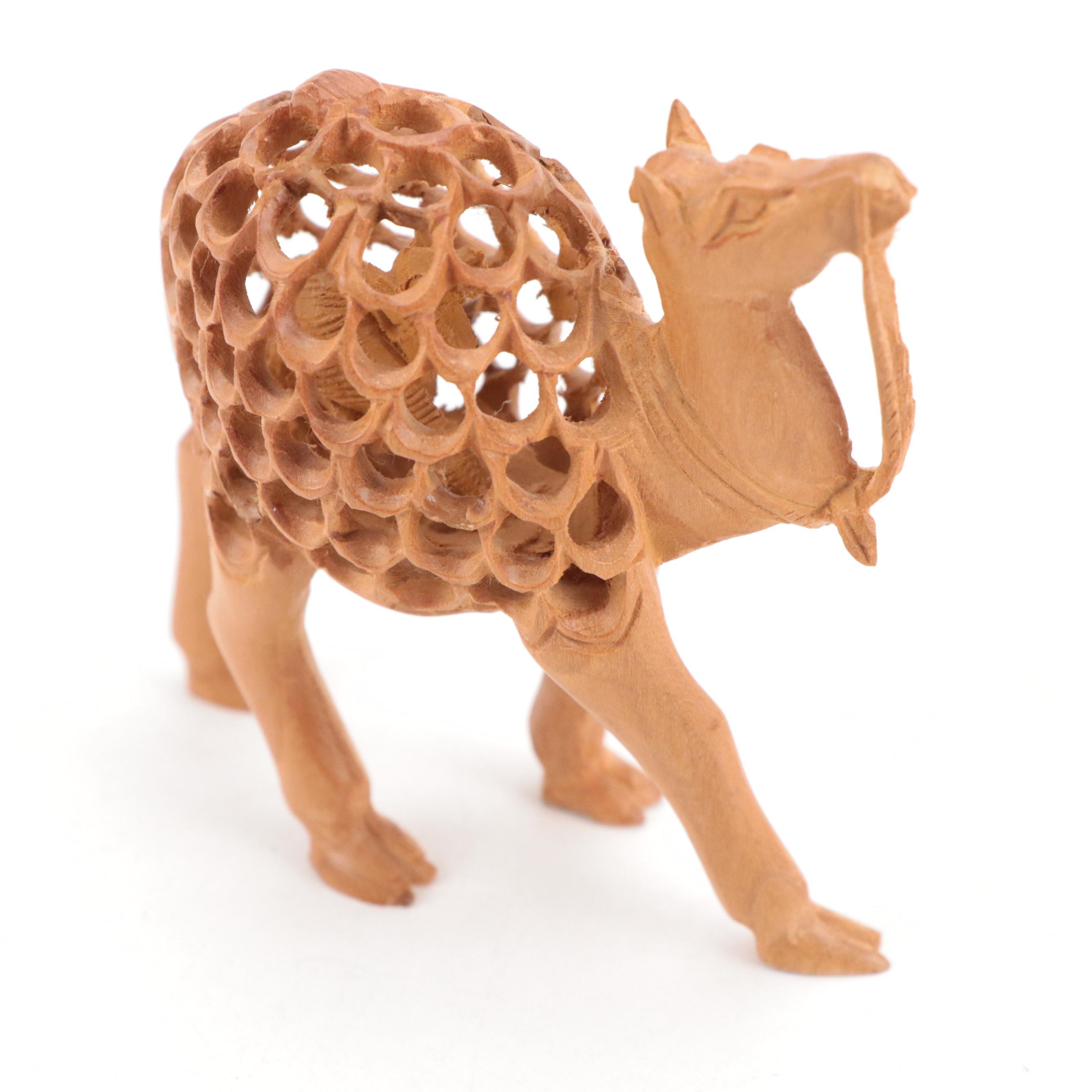 Indian Hand-Carved Wooden Elephants, Camel and Ceremonial Elephant & Rider