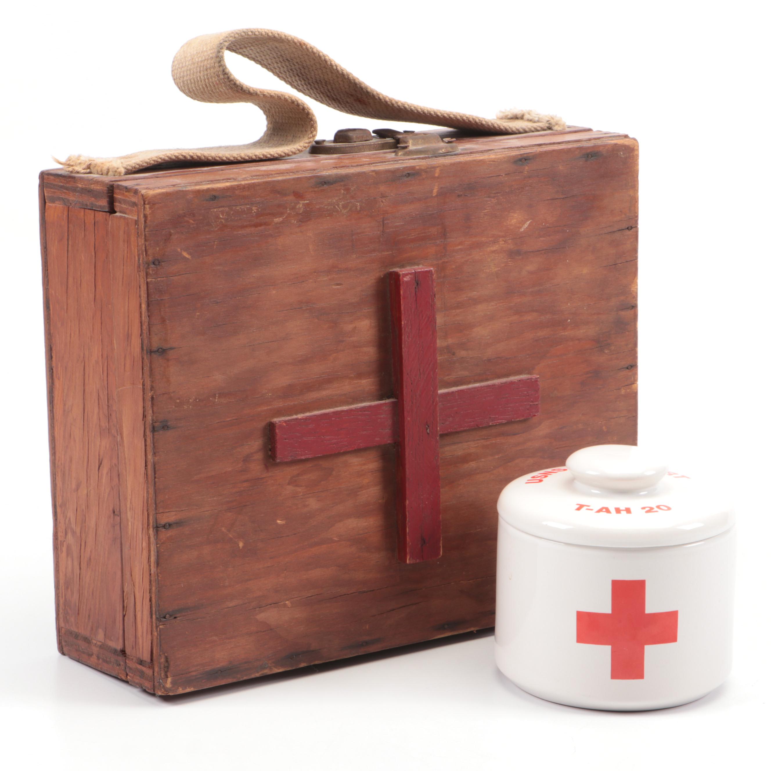 Red Cross Wooden Medical Kit Box and USNS Comfort T-AH 20 Ceramic Jar
