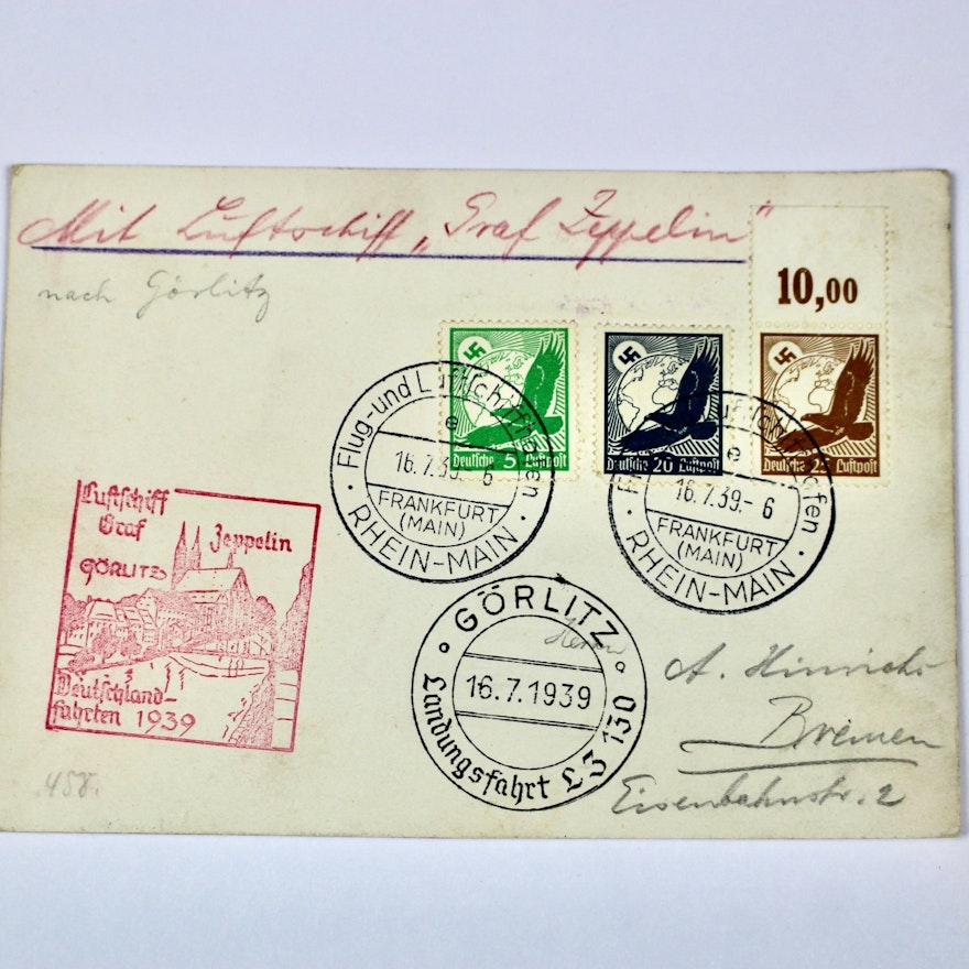 1939 Graf Zeppelin Postcard, Frankfurt to Bremen