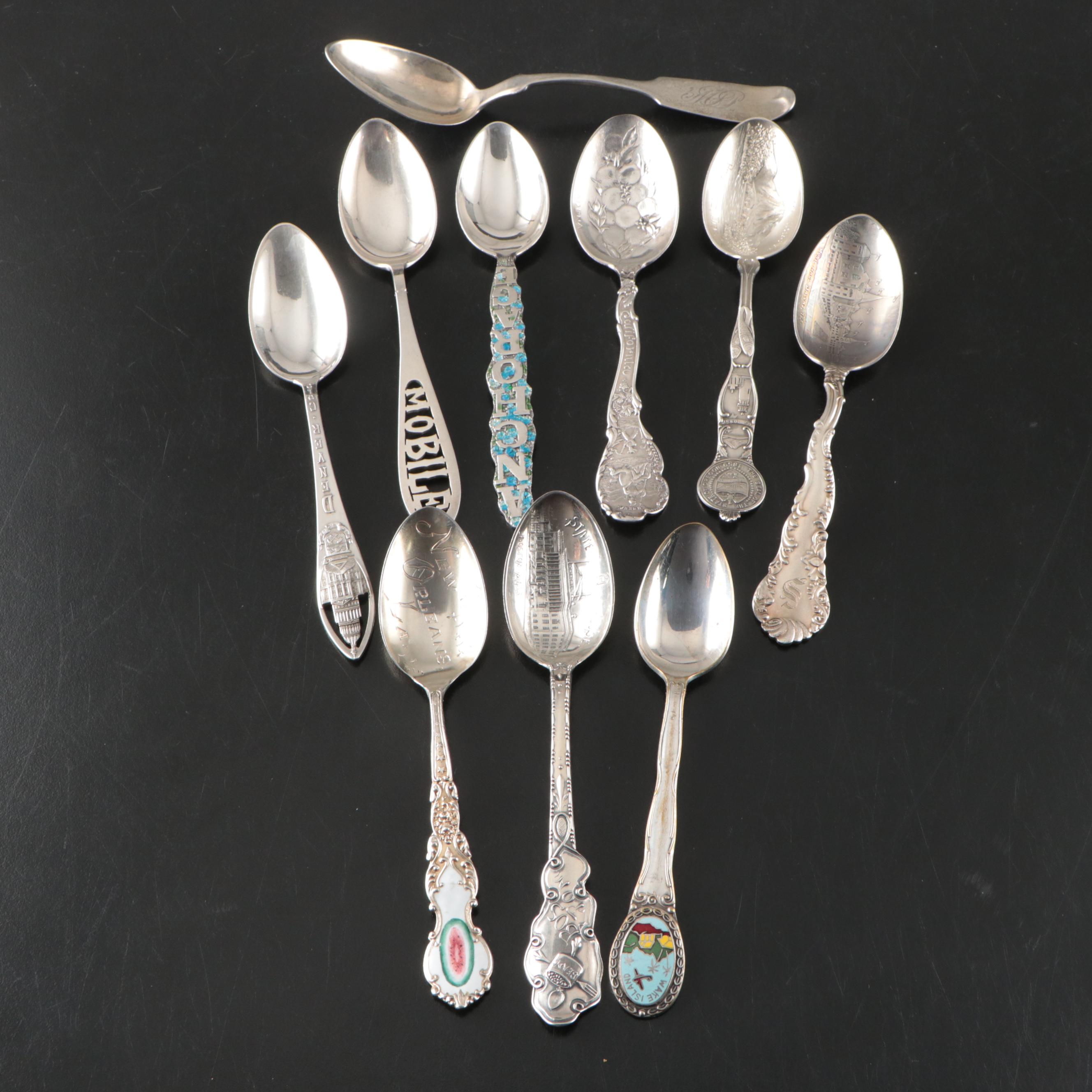 W.L Pitkin Coin Silver Spoon with American Sterling Silver Souvenir Spoons