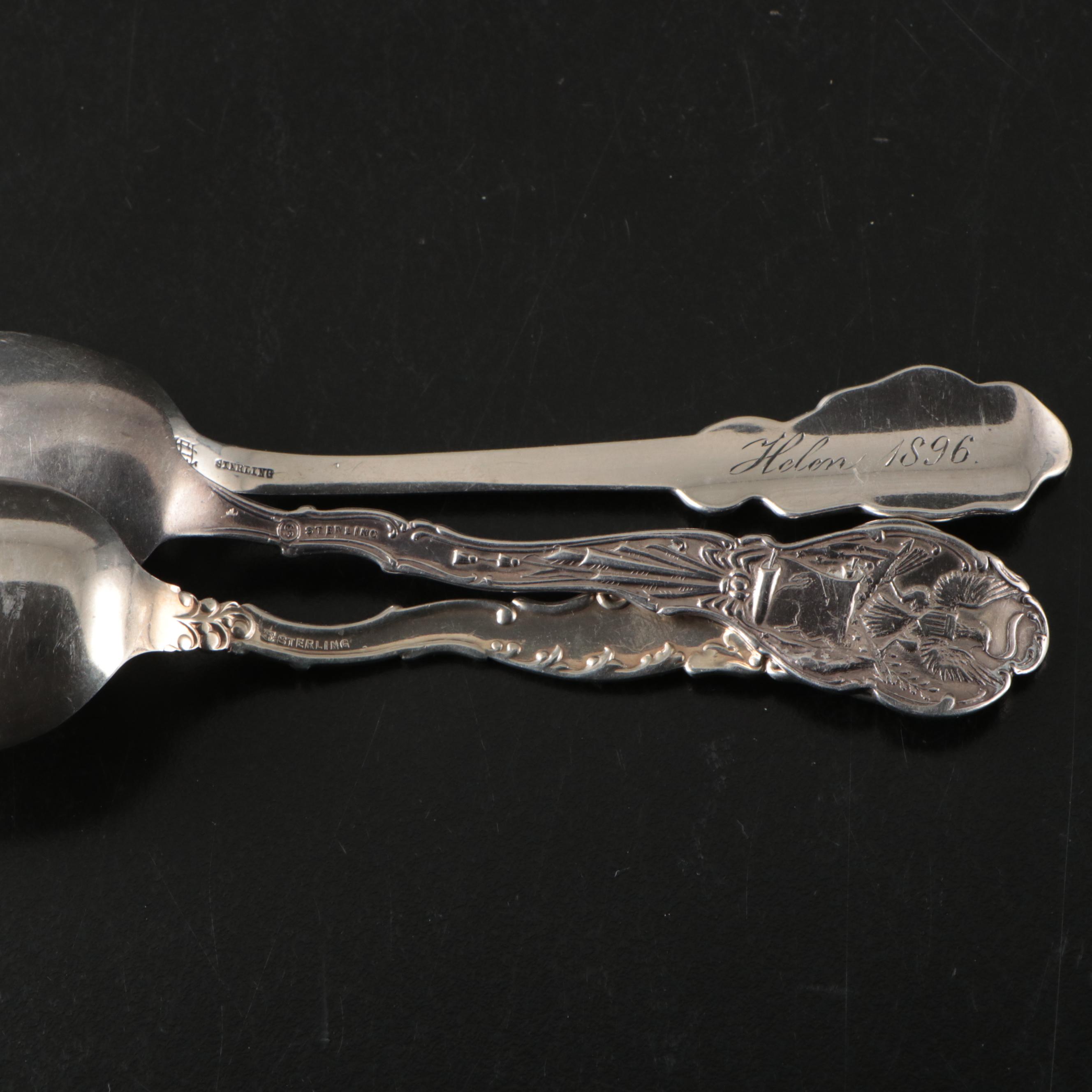 W.L Pitkin Coin Silver Spoon with American Sterling Silver Souvenir Spoons