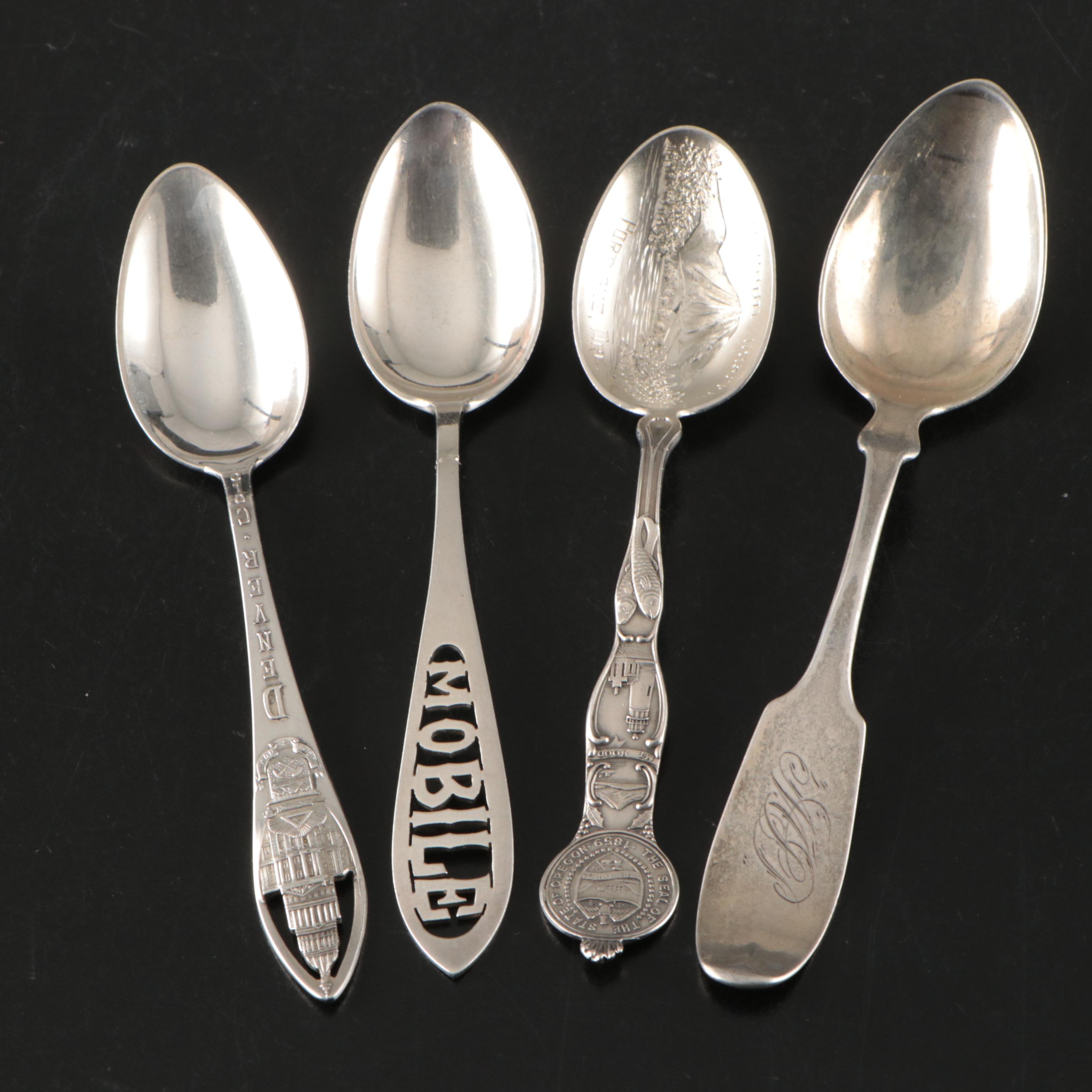 W.L Pitkin Coin Silver Spoon with American Sterling Silver Souvenir Spoons