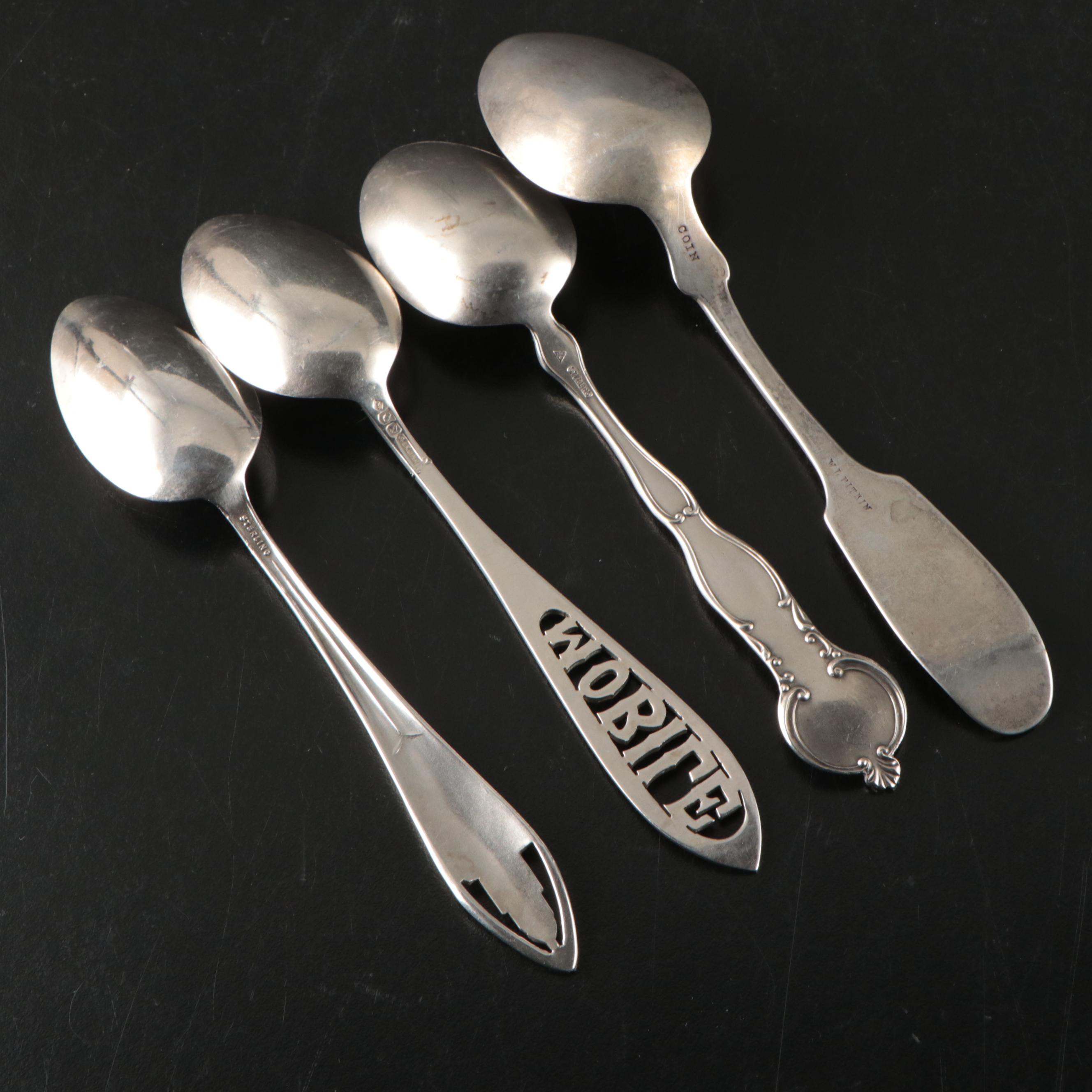 W.L Pitkin Coin Silver Spoon with American Sterling Silver Souvenir Spoons