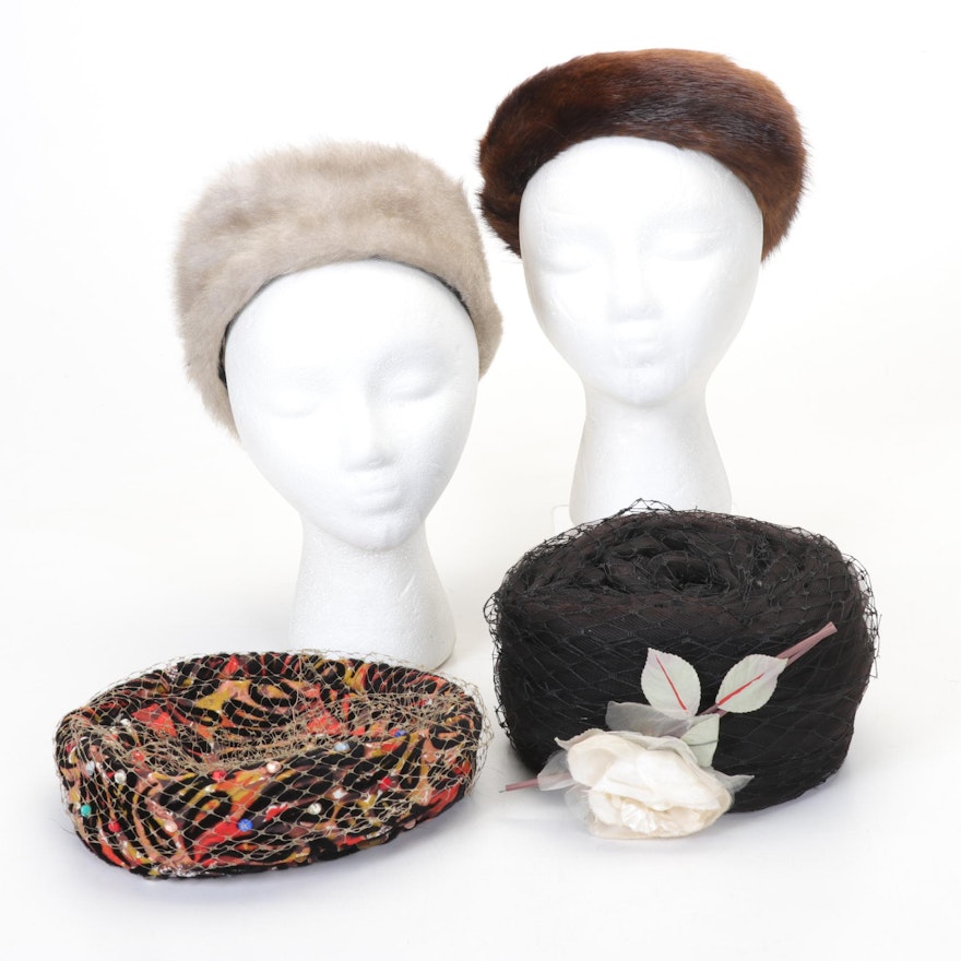 Mink Trimmed, Faux Fur, and Netted Pillbox Hats, Mid 20th Century